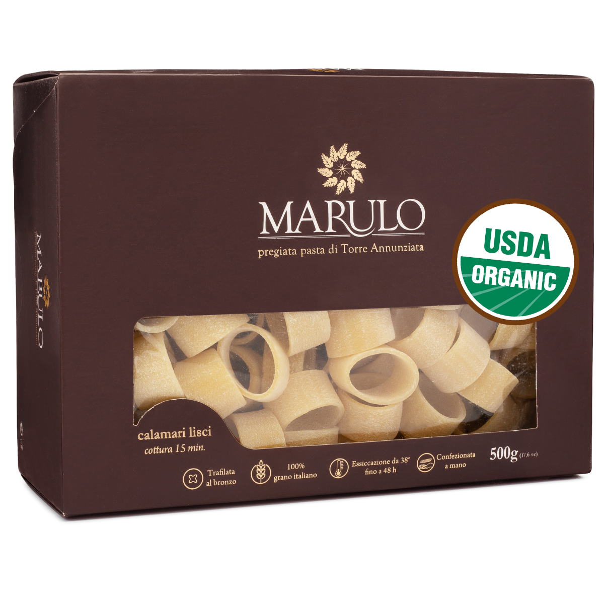 Marulo, Organic Calamarata Bronze Die-Cut Pasta 500g