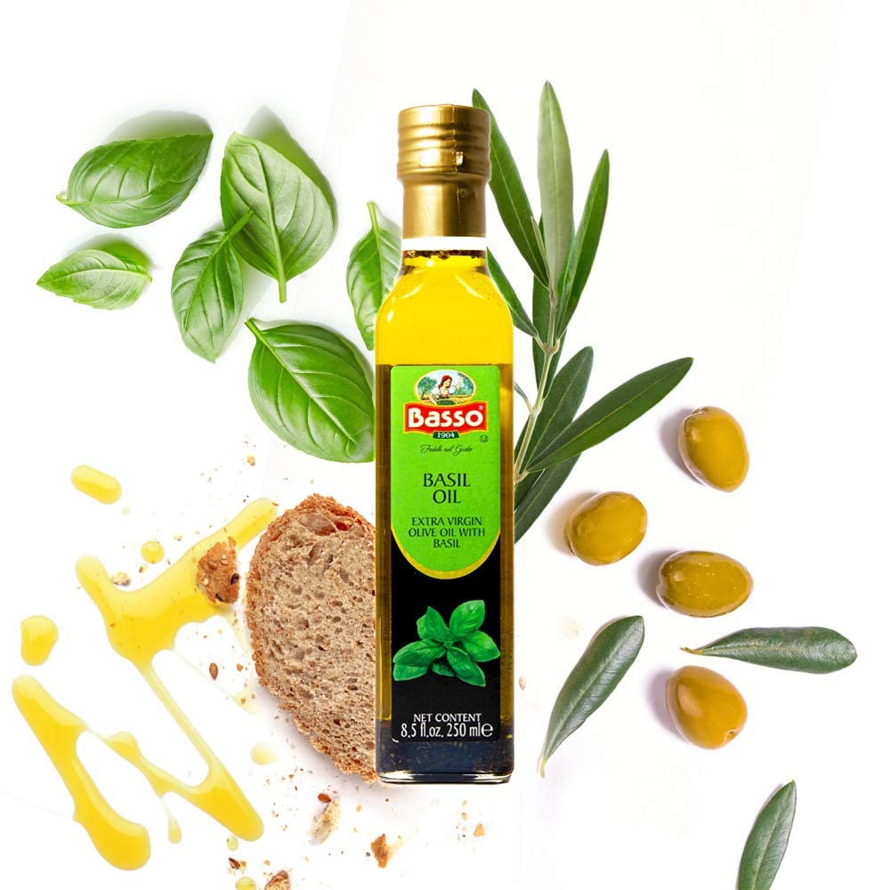 Basso 1904 Basil Infused Extra Virgin Olive Oil – Italian Finishing Oil – 8.5 fl oz (250 ml)