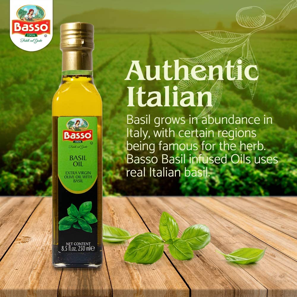 Basso 1904 Basil Infused Extra Virgin Olive Oil – Italian Finishing Oil – 8.5 fl oz (250 ml)
