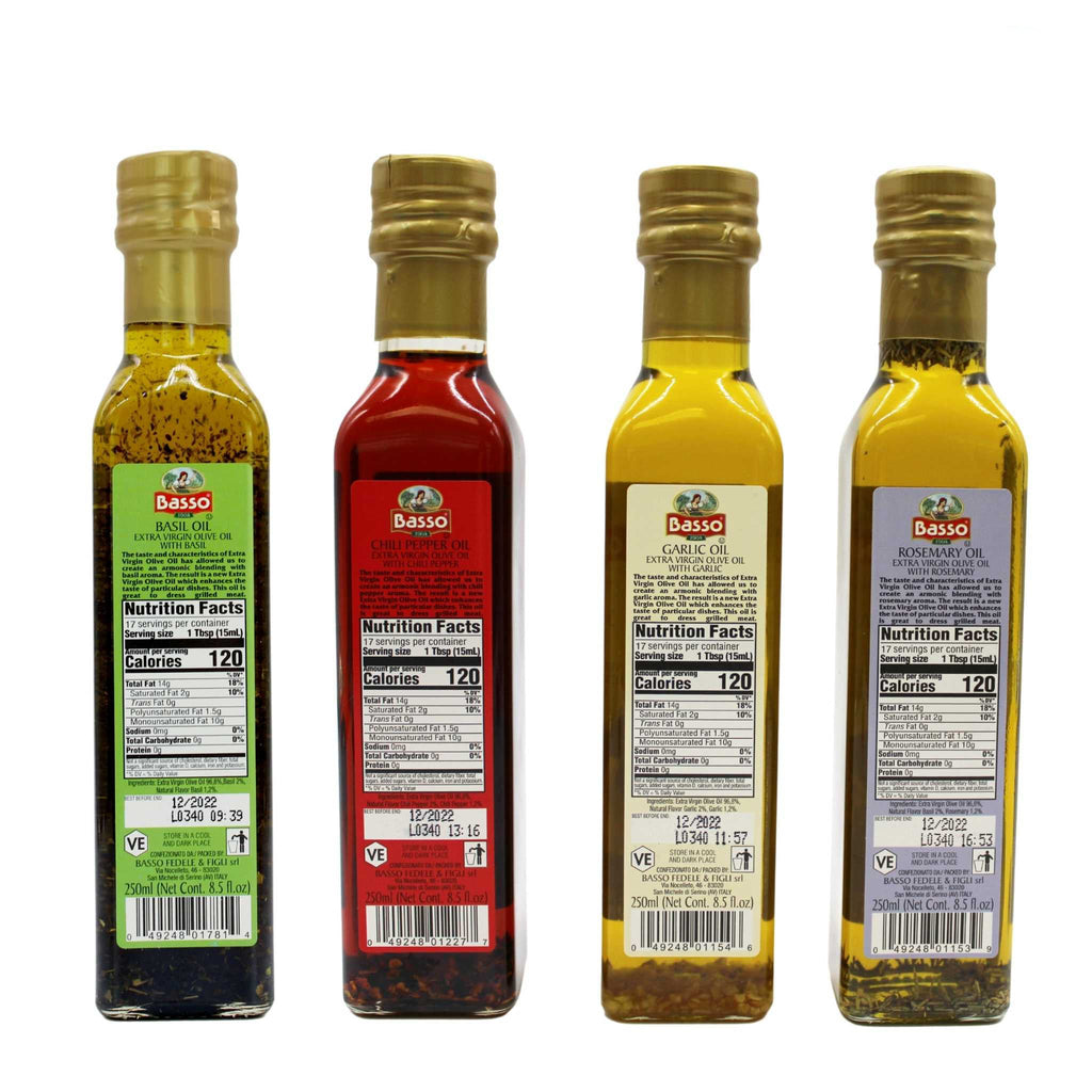 Basso 1904 Infused Extra Virgin Olive Oil Gift Set – Garlic, Chili, Rosemary & Basil – 4 x 8.5 fl oz (250 ml)