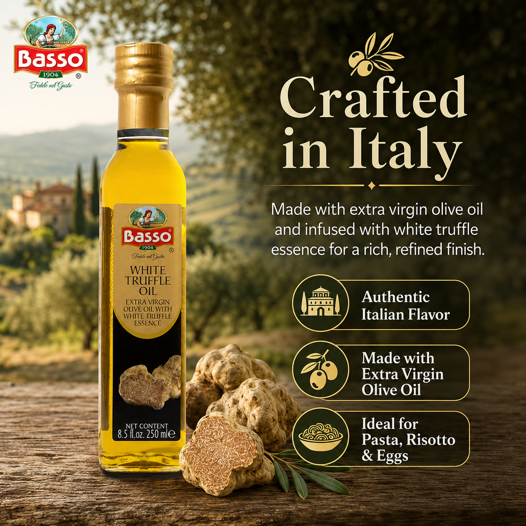 Basso 1904 White Truffle Infused Extra Virgin Olive Oil – Gourmet Finishing Oil – 250 ml (8.5 fl oz)