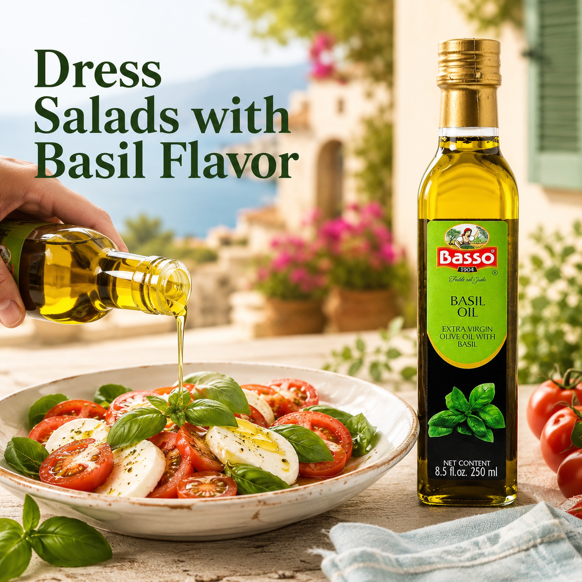 Basso 1904 Basil Infused Extra Virgin Olive Oil – Italian Finishing Oil – 8.5 fl oz (250 ml)