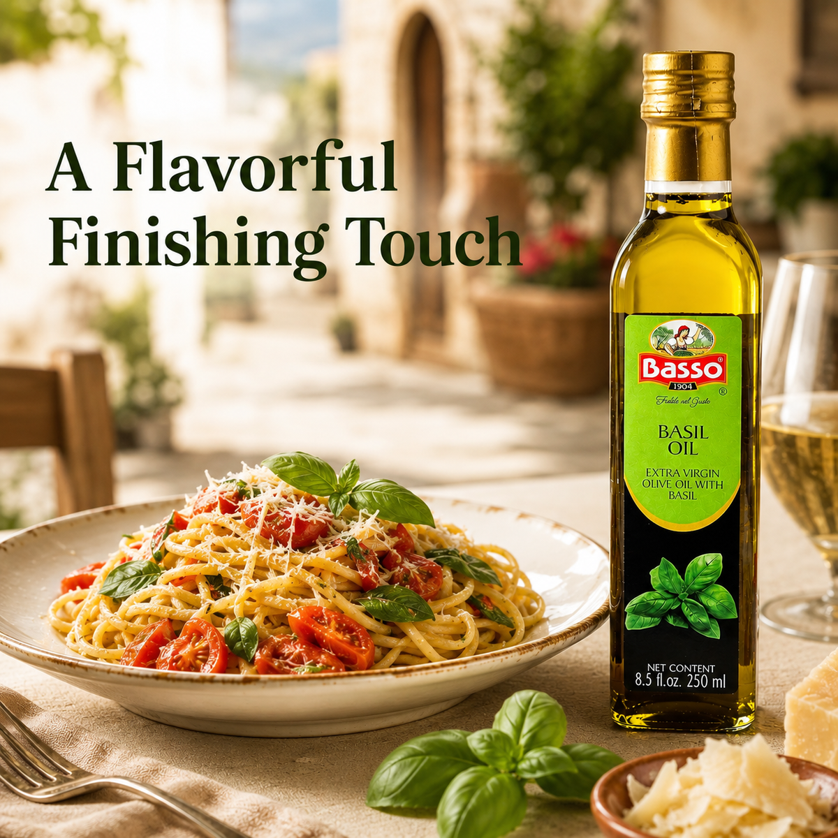 Basso 1904 Basil Infused Extra Virgin Olive Oil – Italian Finishing Oil – 8.5 fl oz (250 ml)