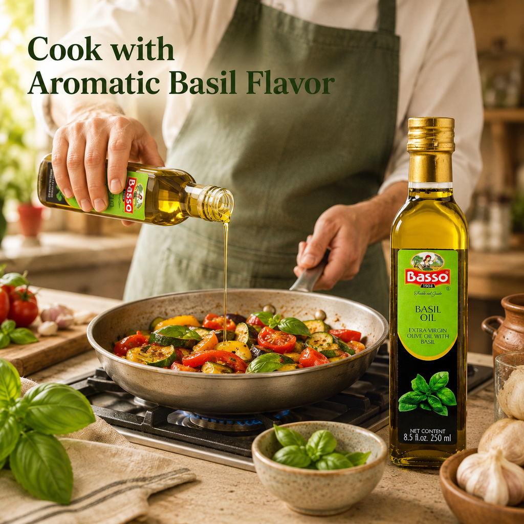 Basso 1904 Basil Infused Extra Virgin Olive Oil – Italian Finishing Oil – 8.5 fl oz (250 ml)