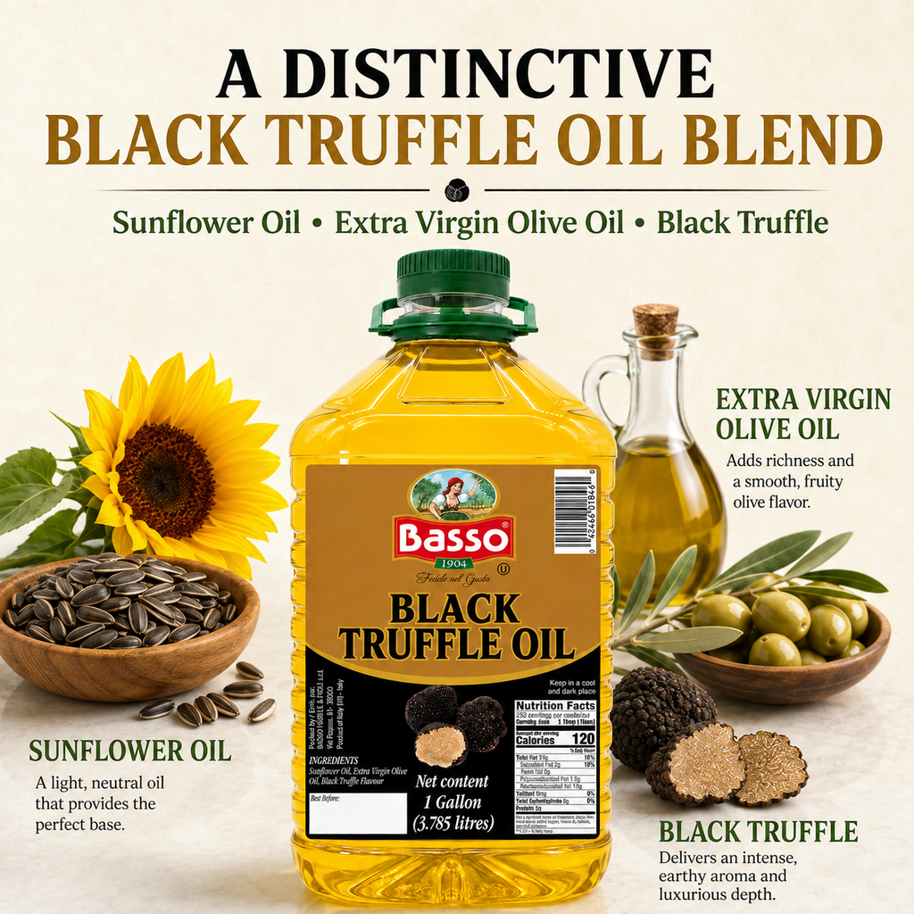 Basso 1904 Black Truffle Infused Extra Virgin Olive Oil – Foodservice Size – 1 Gallon (3.785 L)