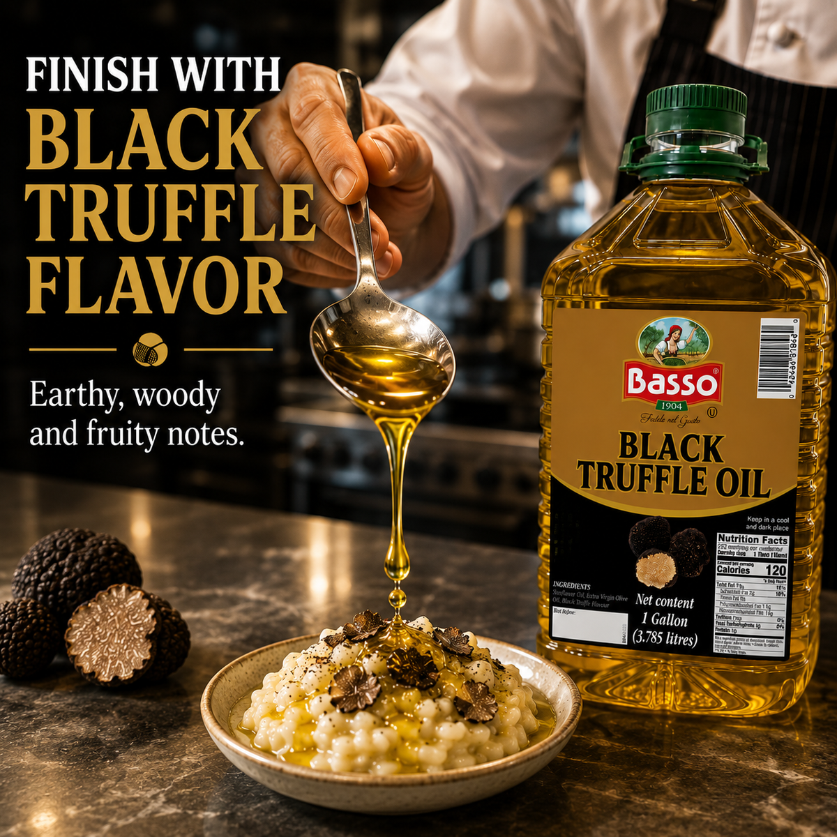 Basso 1904 Black Truffle Infused Extra Virgin Olive Oil – Foodservice Size – 1 Gallon (3.785 L)