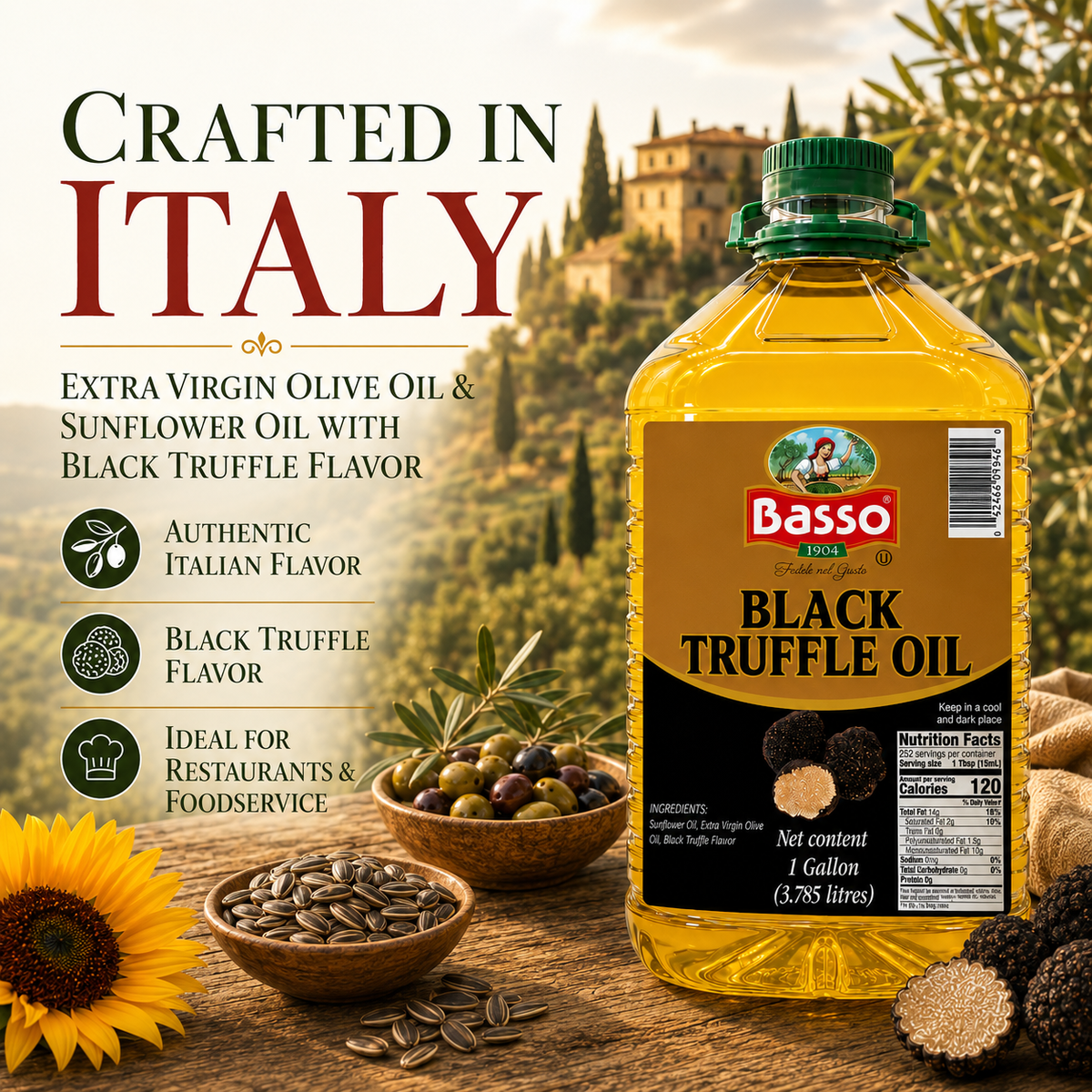 Basso 1904 Black Truffle Infused Extra Virgin Olive Oil – Foodservice Size – 1 Gallon (3.785 L)