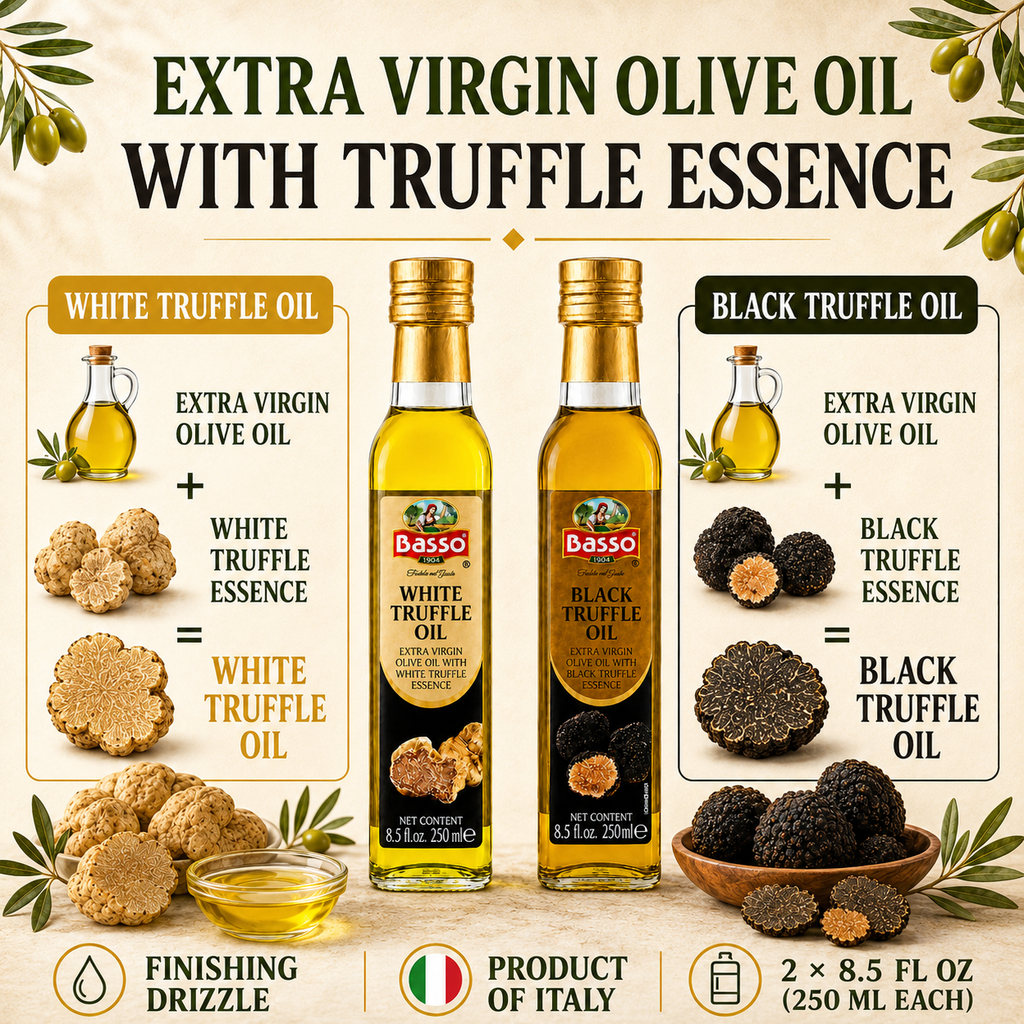 Basso 1904 Black & White Truffle Infused EVOO Duo – Gourmet Finishing Oils – 2 x 8.5 fl oz (250 ml)