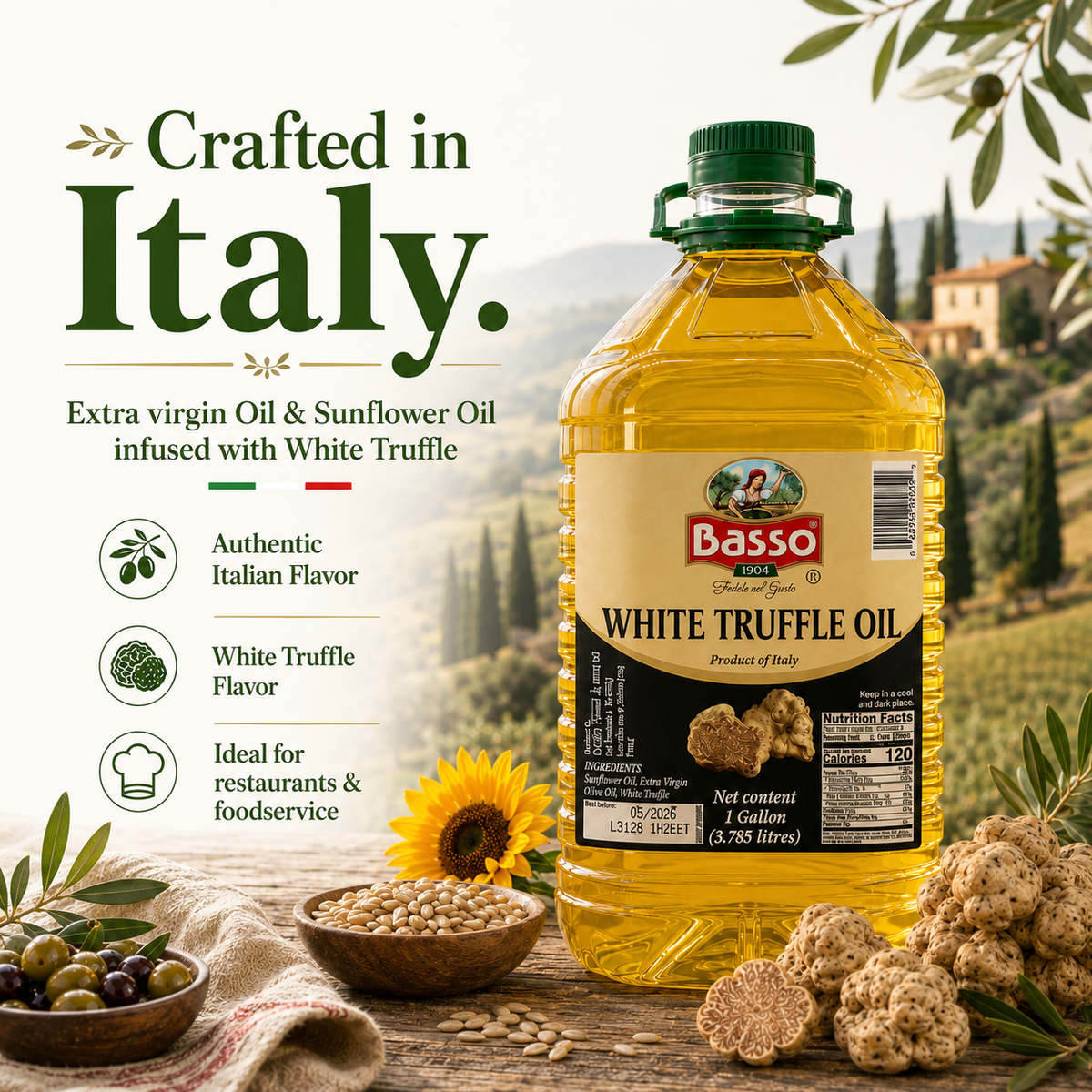 Basso 1904 White Truffle Infused Extra Virgin Olive Oil – Foodservice Size – 1 Gallon (3.8 L)