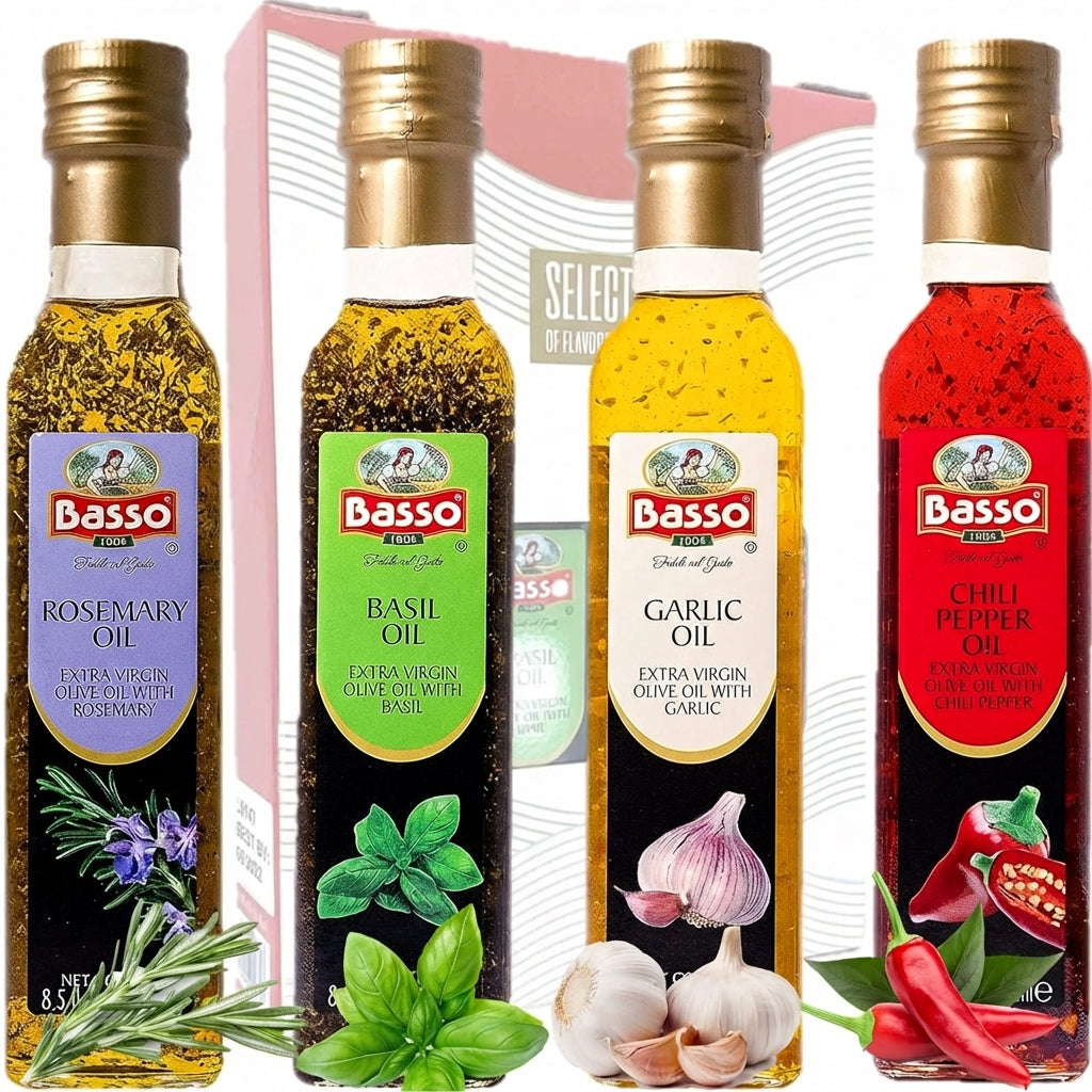 Basso 1904 Infused Extra Virgin Olive Oil Gift Set – Garlic, Chili, Rosemary & Basil – 4 x 8.5 fl oz (250 ml)