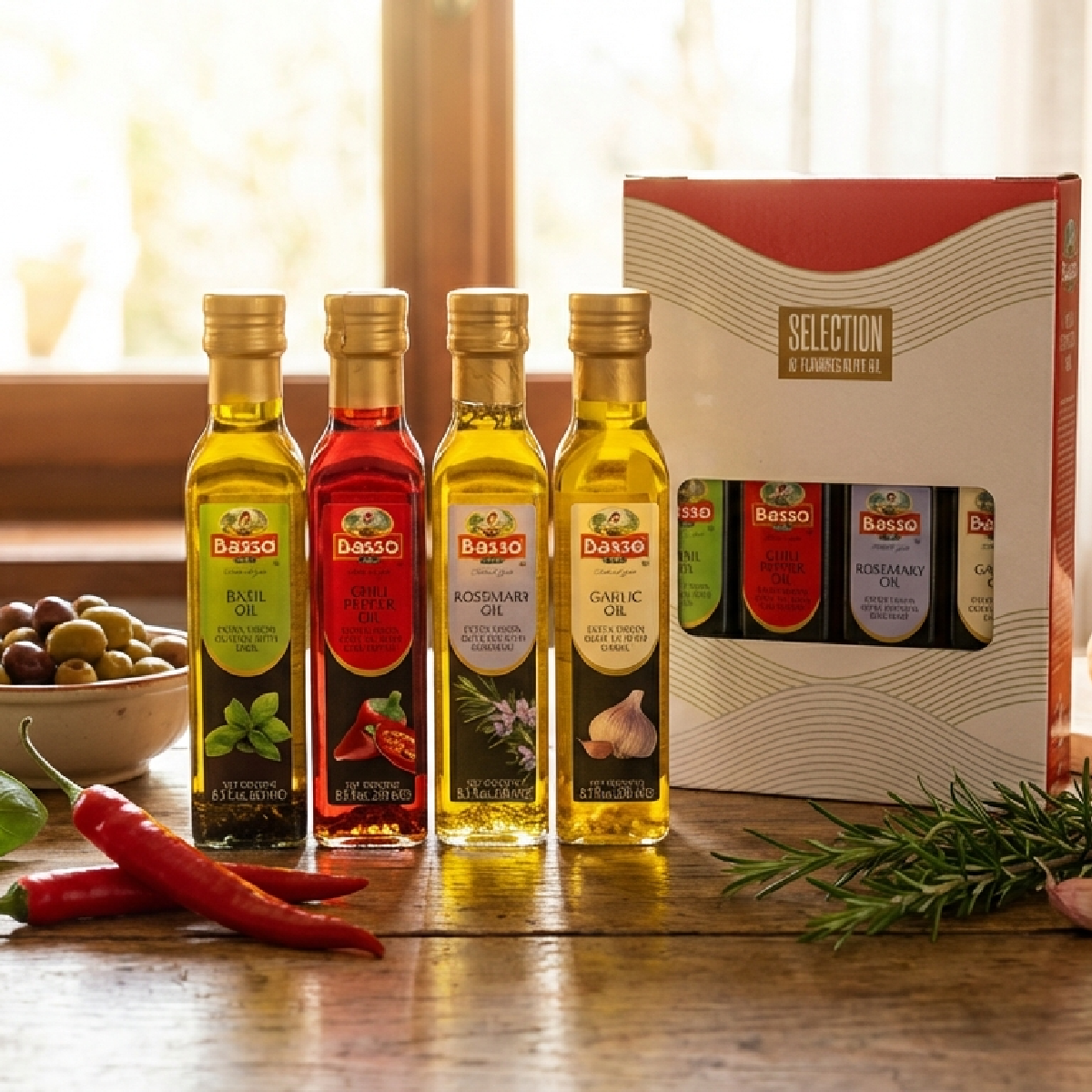 Basso 1904 Infused Extra Virgin Olive Oil Gift Set – Garlic, Chili, Rosemary & Basil – 4 x 8.5 fl oz (250 ml)