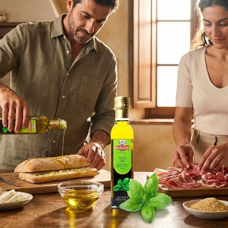 Basso 1904 Basil Infused Extra Virgin Olive Oil – Italian Finishing Oil – 8.5 fl oz (250 ml)