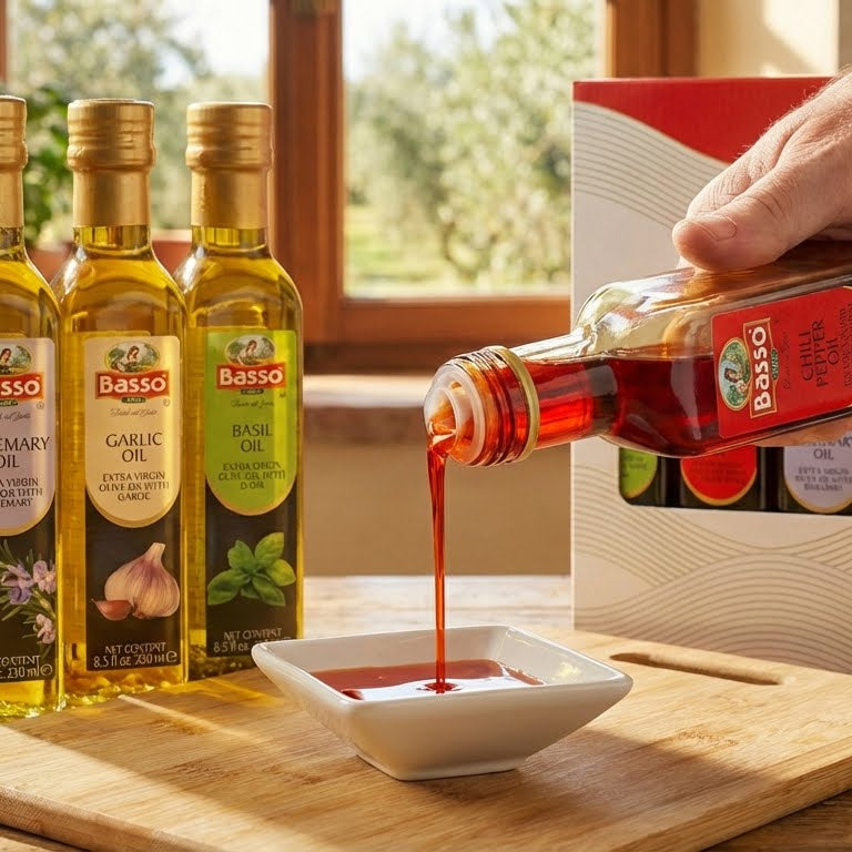 Basso 1904 Infused Extra Virgin Olive Oil Gift Set – Garlic, Chili Pepper, Rosemary, Basil – 4 x 8.5 fl oz (250 ml)