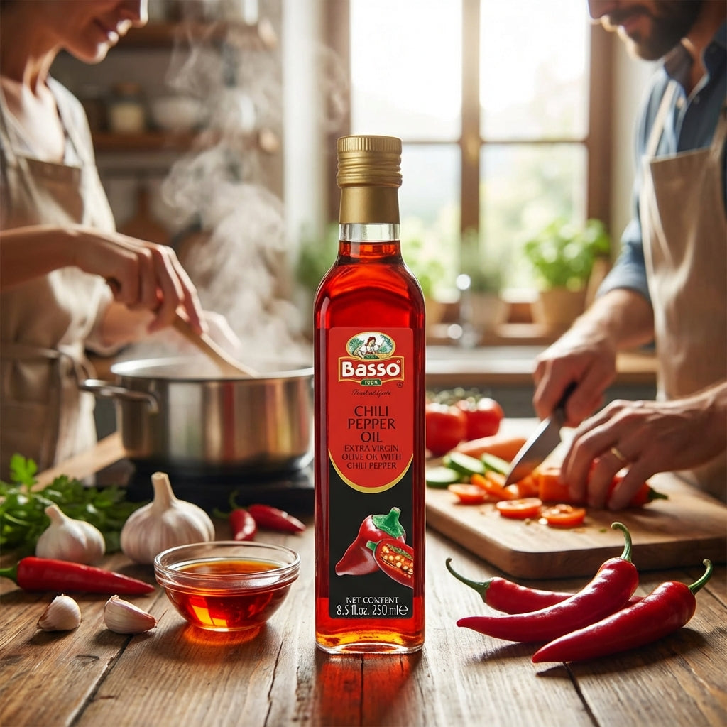 Basso 1904 Spicy Chili Infused Extra Virgin Olive Oil – Finishing Oil – 8.5 fl oz (250 ml)