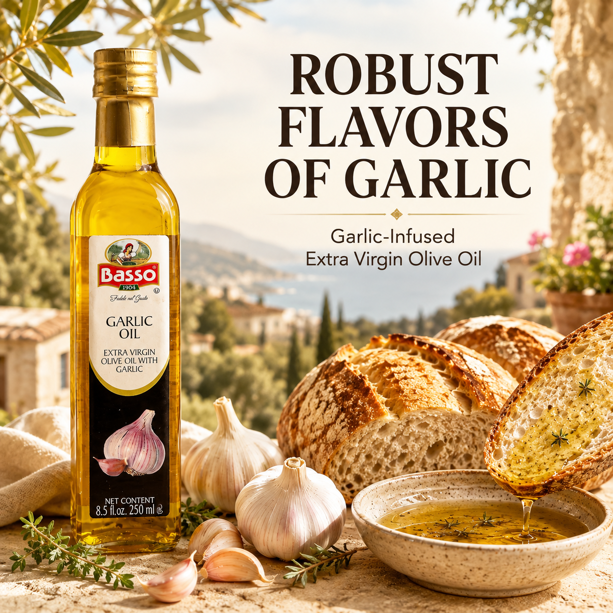 Basso 1904 Garlic Infused Extra Virgin Olive Oil – Italian Finishing Oil – 8.5 fl oz (250 ml)
