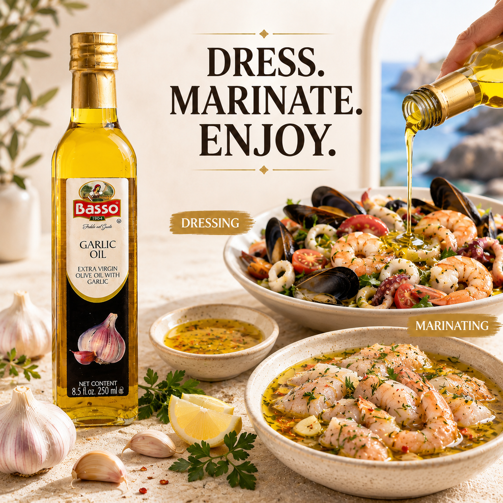 Basso 1904 Garlic Infused Extra Virgin Olive Oil – Italian Finishing Oil – 8.5 fl oz (250 ml)