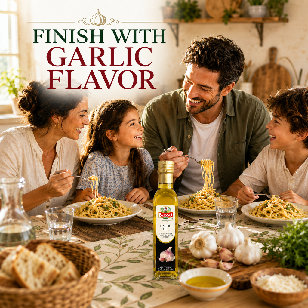 Basso 1904 Garlic Infused Extra Virgin Olive Oil – Italian Finishing Oil – 8.5 fl oz (250 ml)