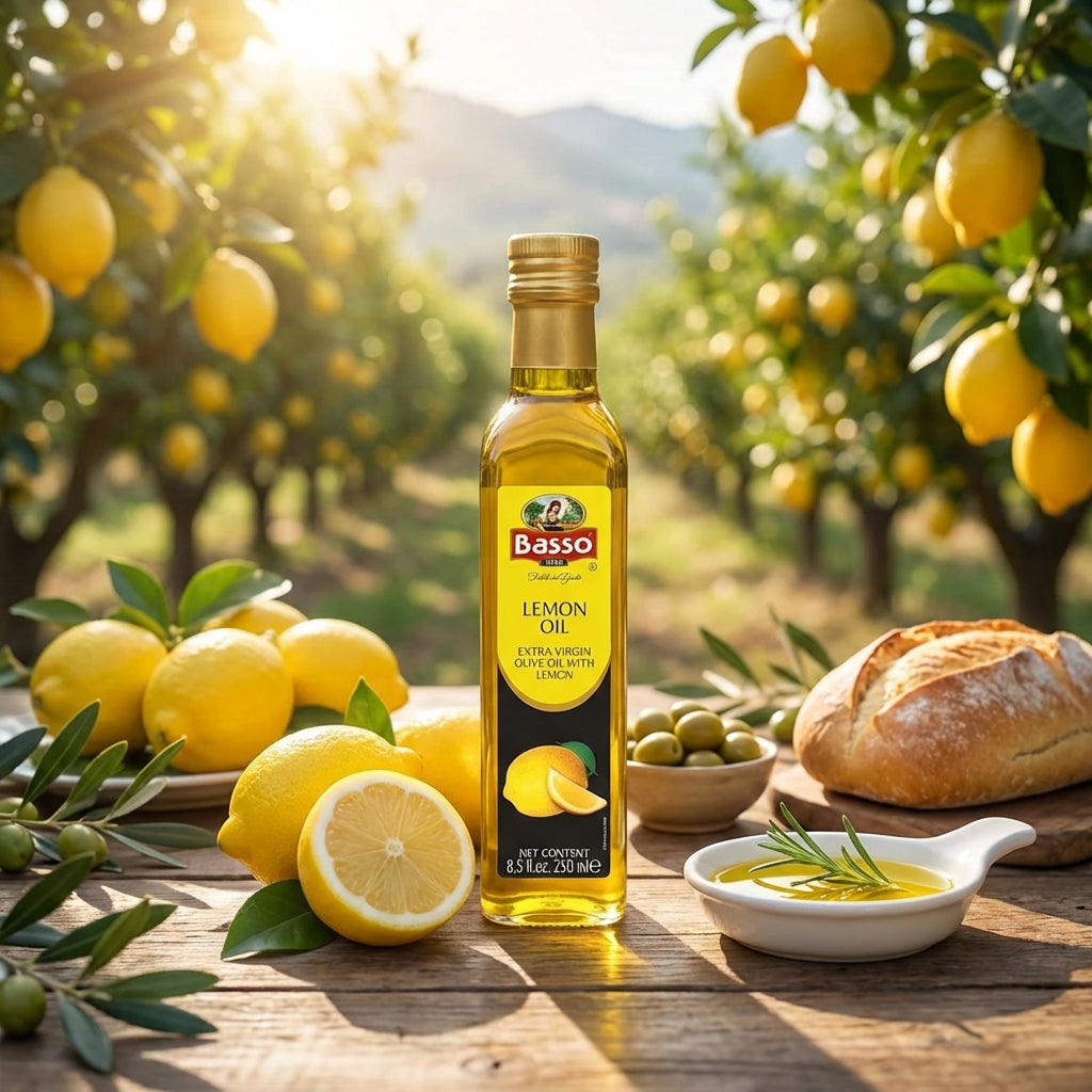 Basso 1904 Lemon Infused Extra Virgin Olive Oil – Italian Finishing Oil – 8.5 fl oz (250 ml)