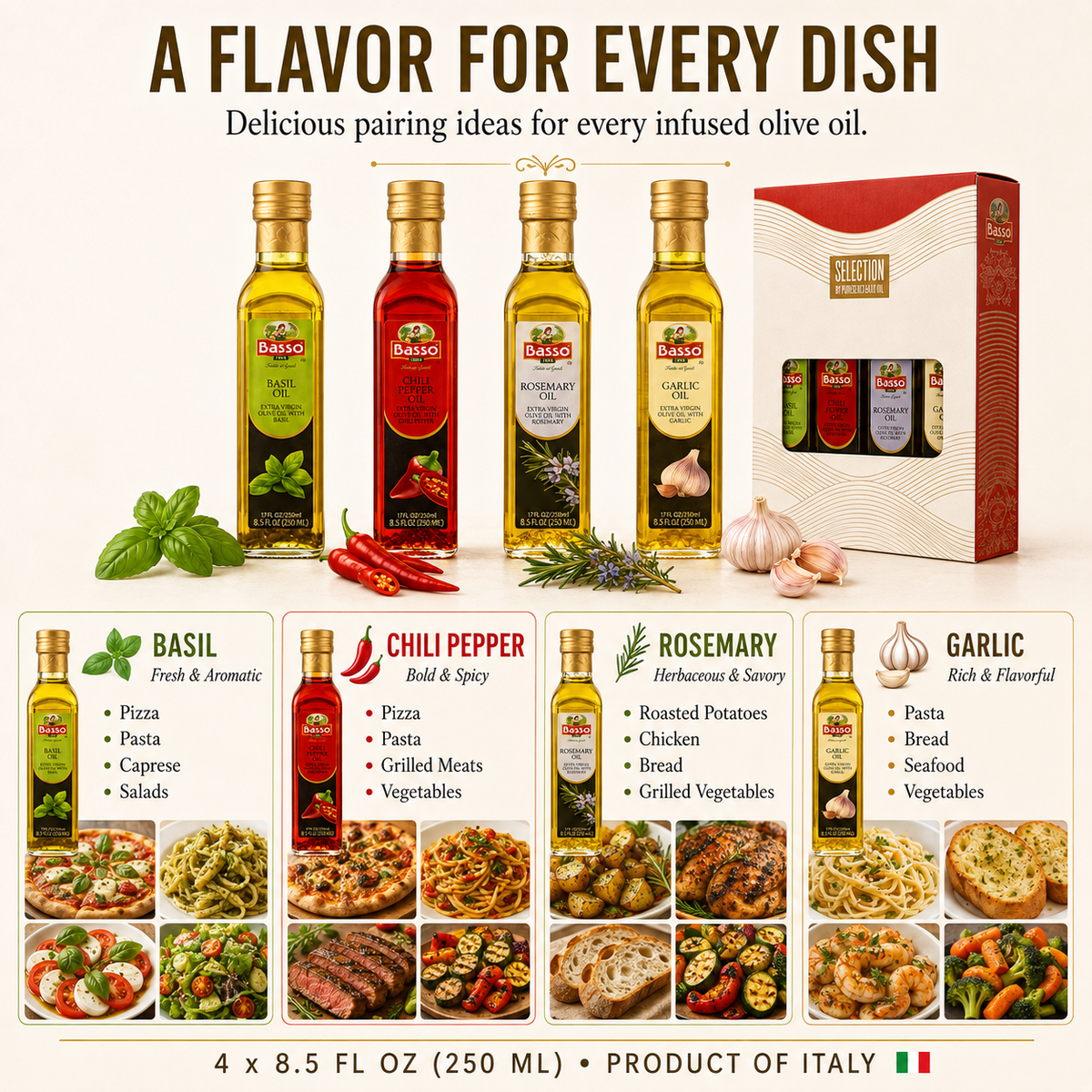 Basso 1904 Infused Extra Virgin Olive Oil Gift Set – Garlic, Chili, Rosemary & Basil – 4 x 8.5 fl oz (250 ml)