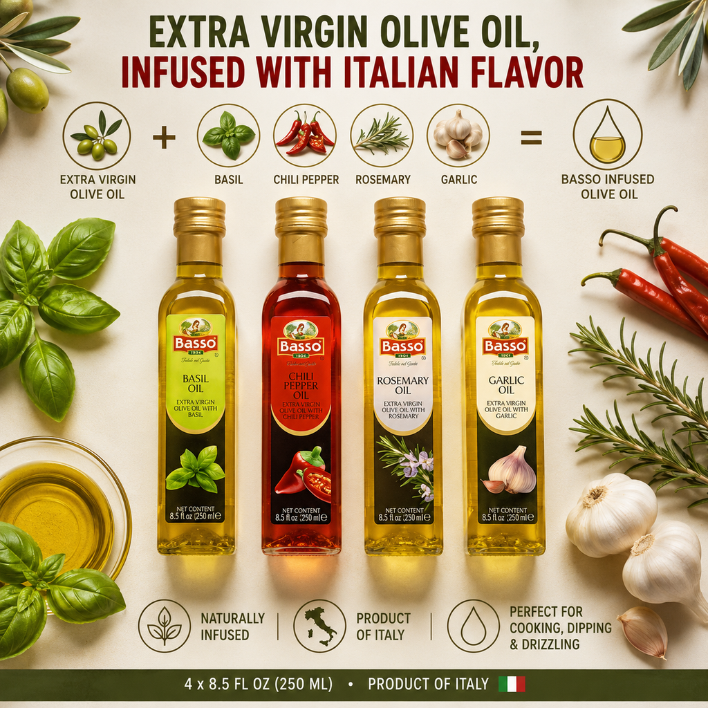 Basso 1904 Infused Extra Virgin Olive Oil Gift Set – Garlic, Chili, Rosemary & Basil – 4 x 8.5 fl oz (250 ml)