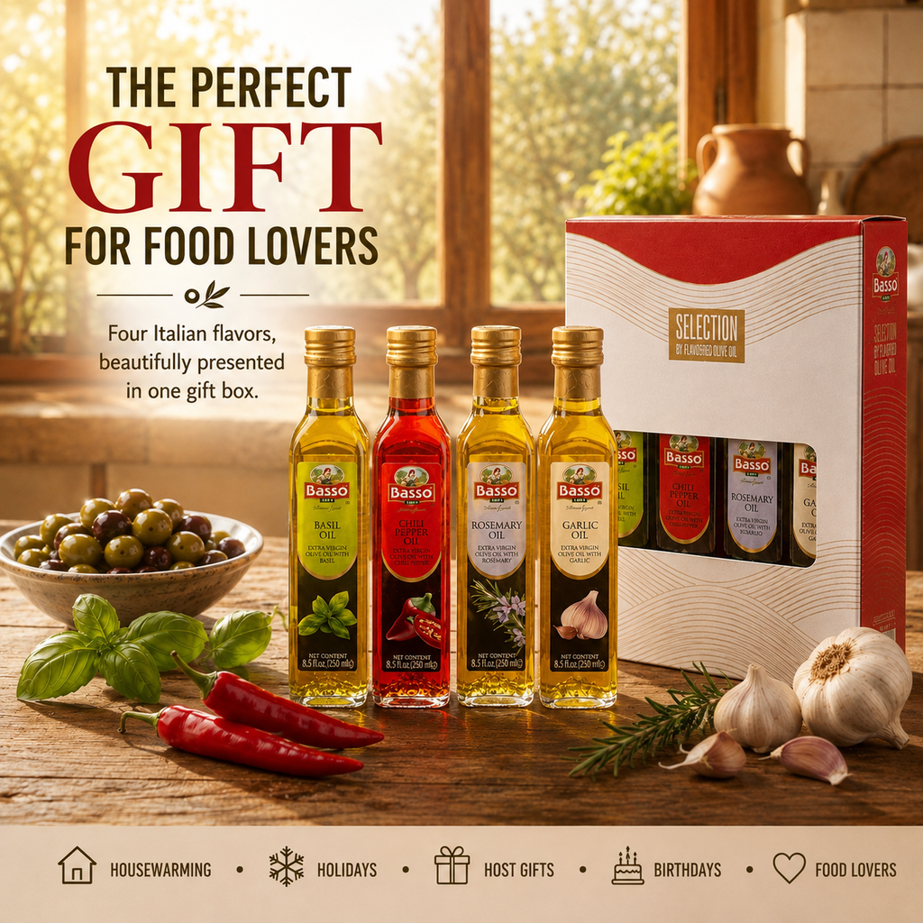 Basso 1904 Infused Extra Virgin Olive Oil Gift Set – Garlic, Chili, Rosemary & Basil – 4 x 8.5 fl oz (250 ml)