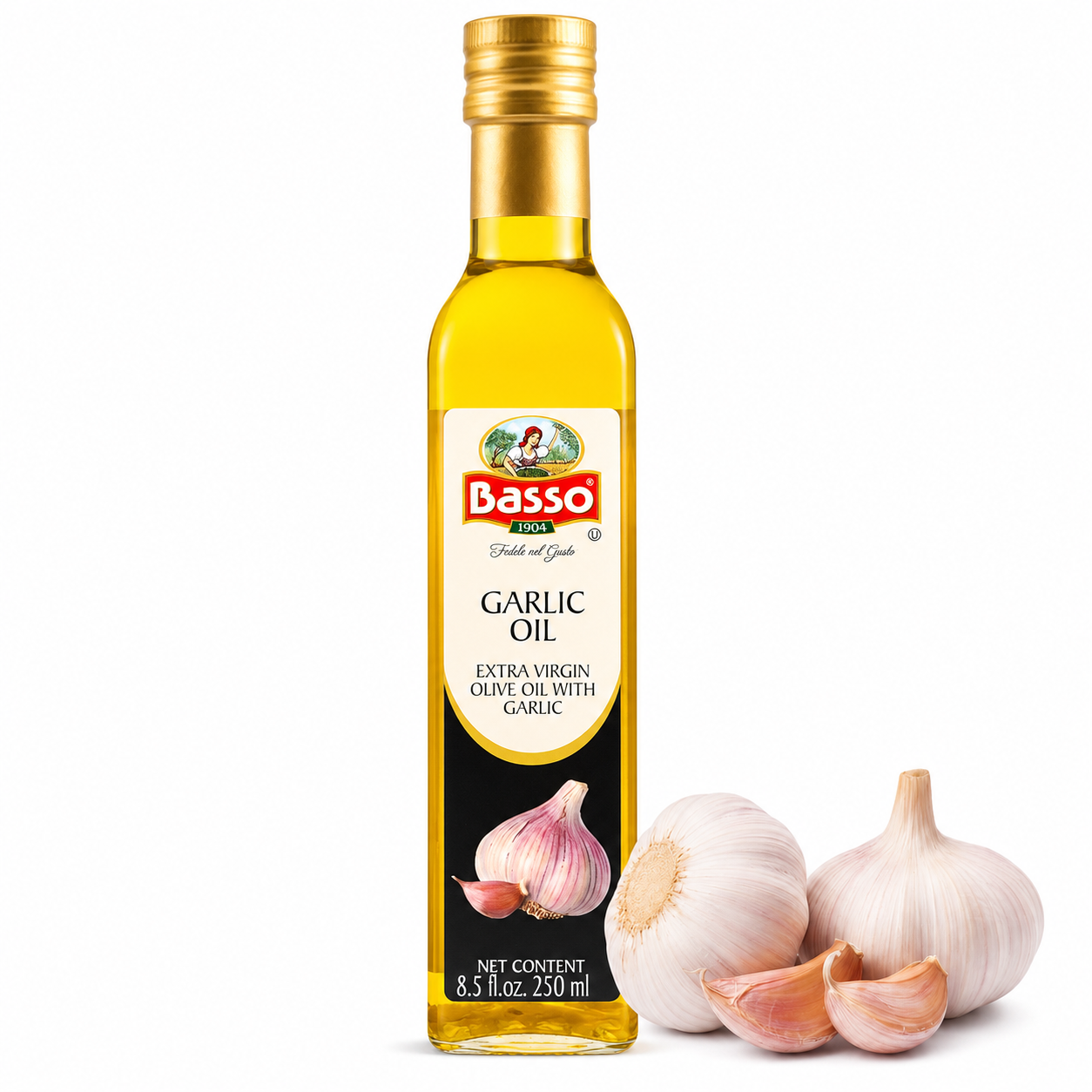 Basso 1904 Garlic Infused Extra Virgin Olive Oil – Italian Finishing Oil – 8.5 fl oz (250 ml)