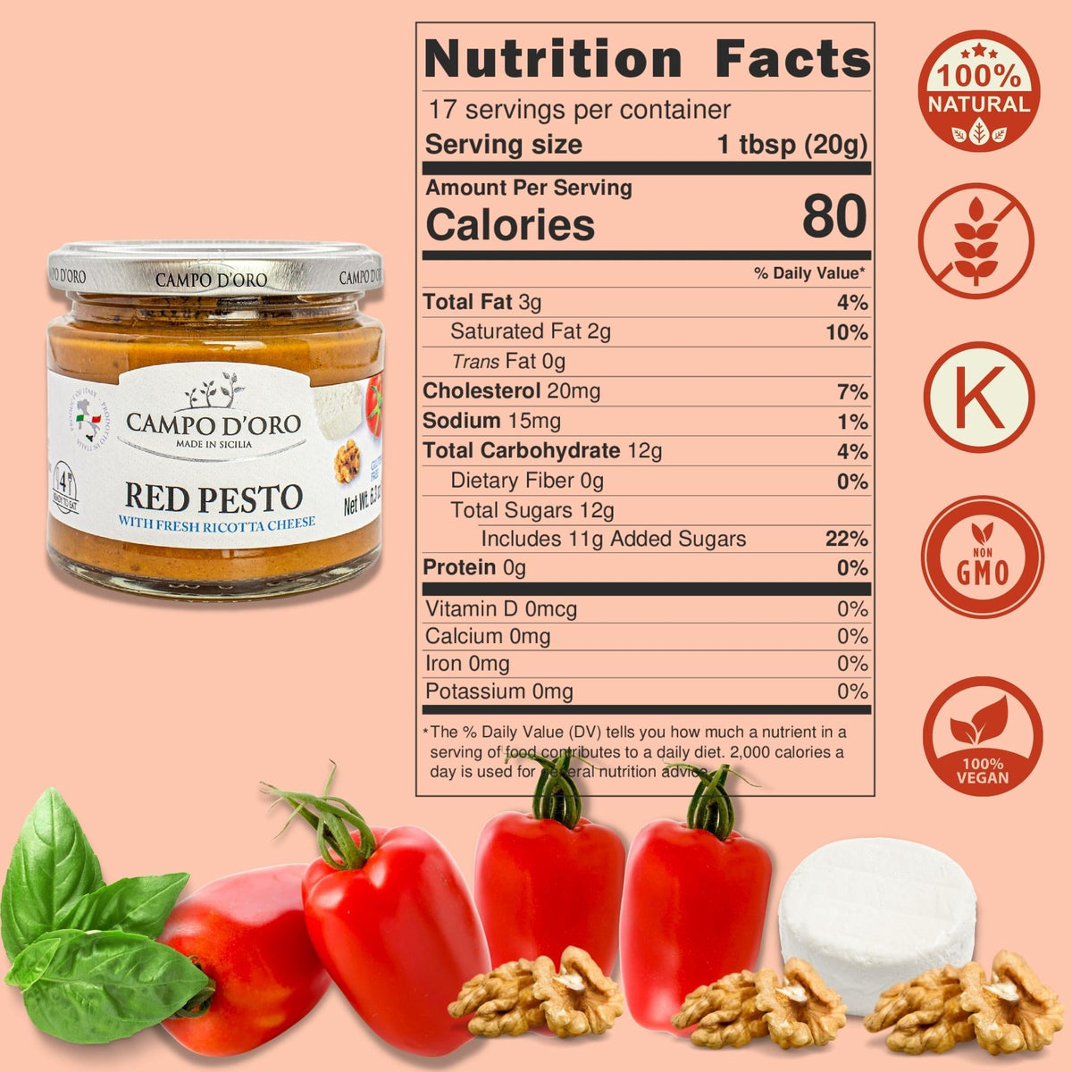 Campo D'Oro, Red Pesto Sauce, Sundried Tomato Pesto, 6.35 0oz