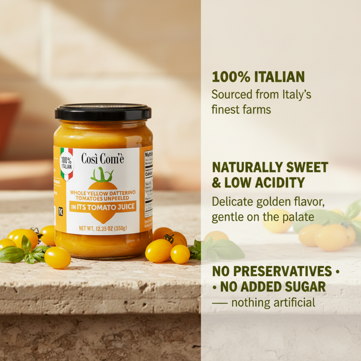 Così Com’è, Italian Yellow Datterino Tomatoes Unpeeled in Own Juice – 12.3 oz (350 g)