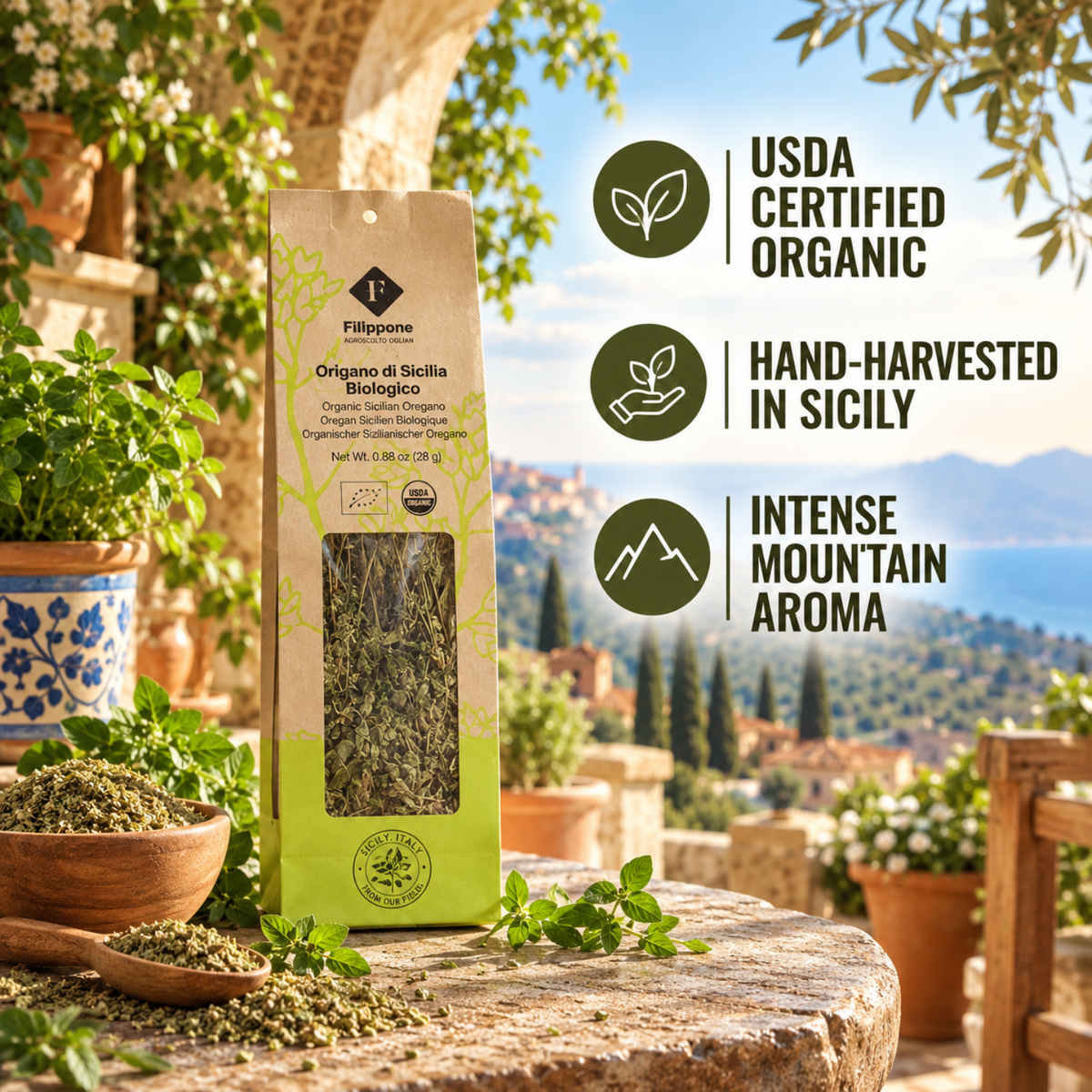 Filippone, Organic Oregano, Italian Dried Oregano Bunches, 0.88oz (25g)