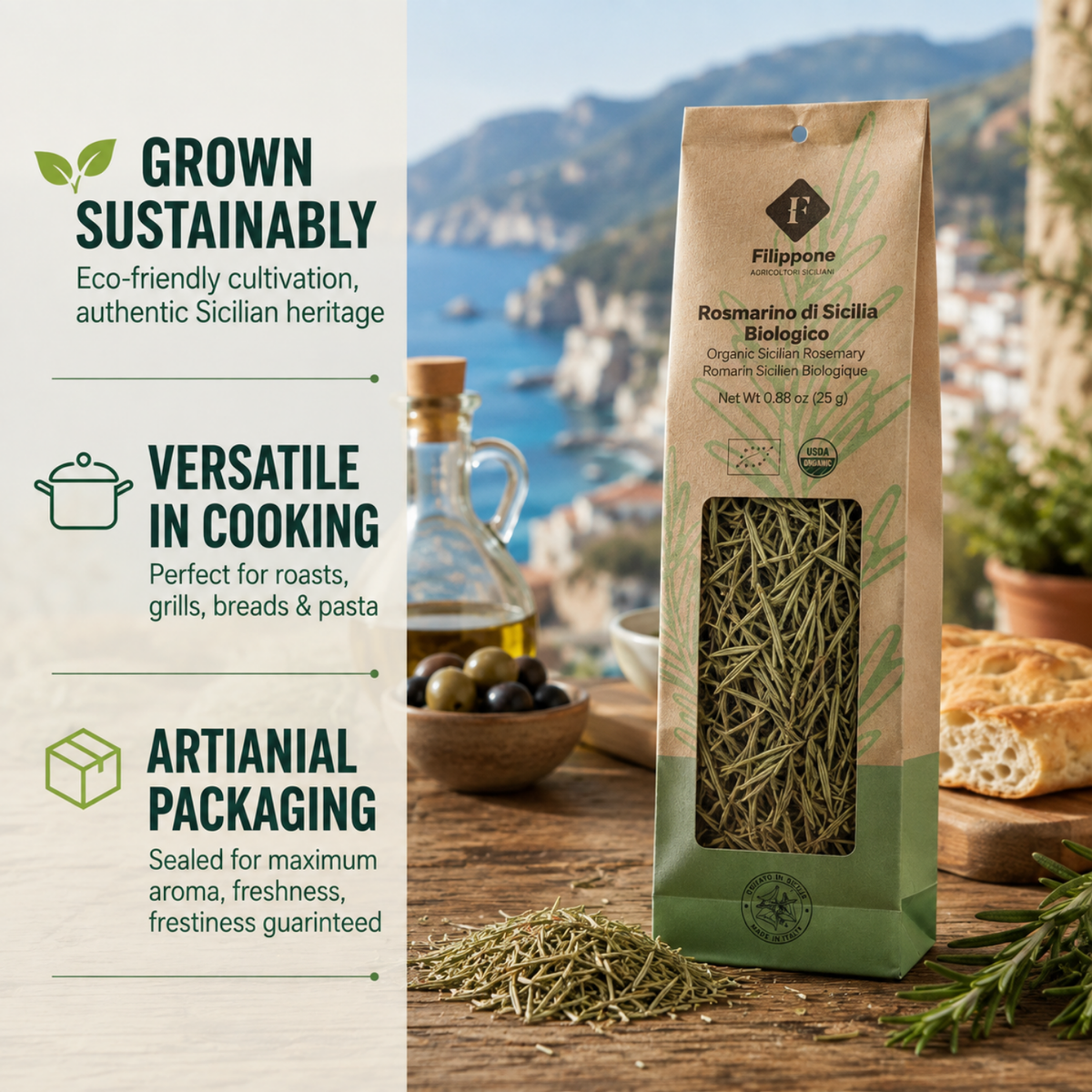 Filippone, Organic Dried Rosemary bunches, Italian Dried Rosemary Leaves, 0.88oz (25g)