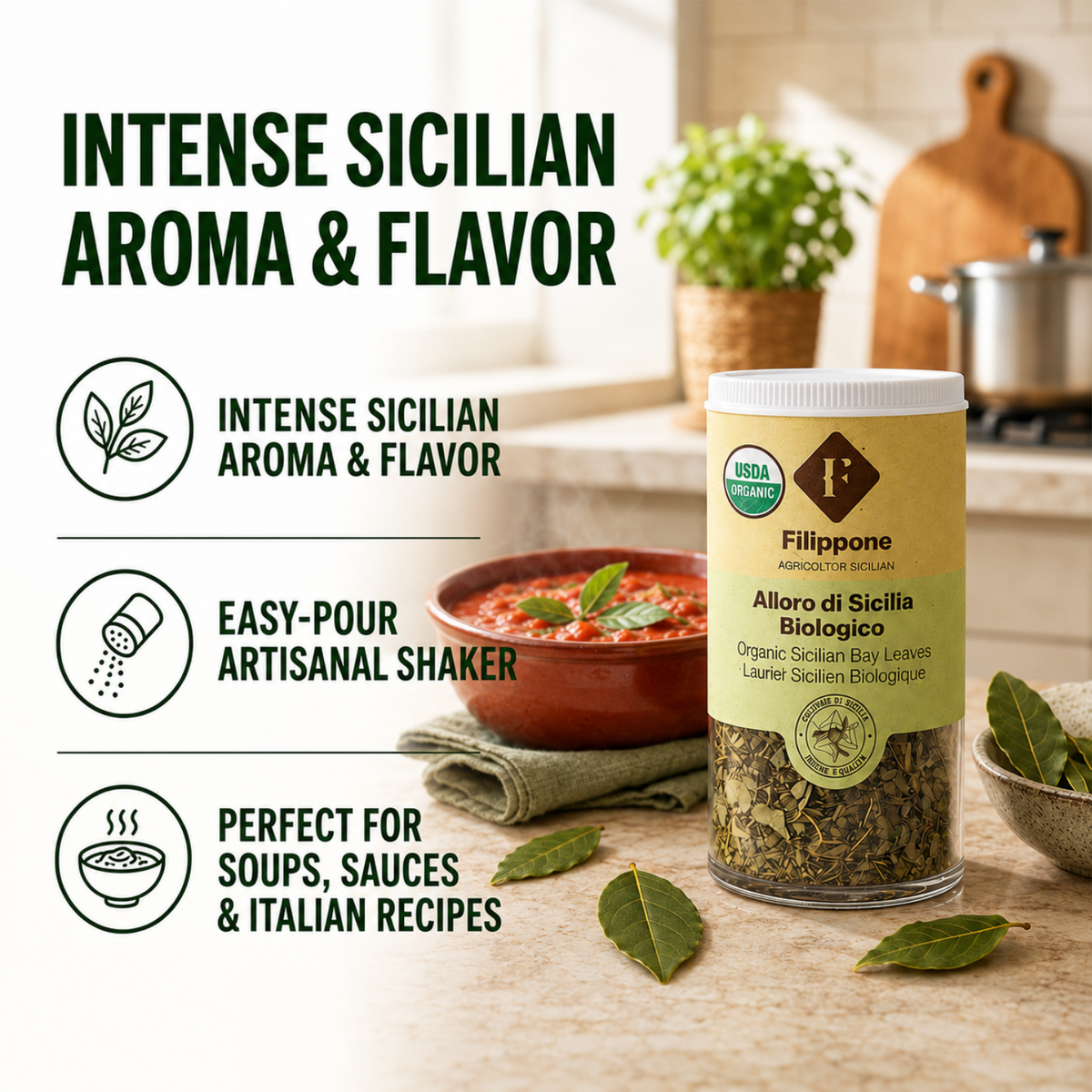 Filippone, Organic Crushed Bay Leaves, Italian Shaker Dried Bay Leaves, 20g (0.70oz)