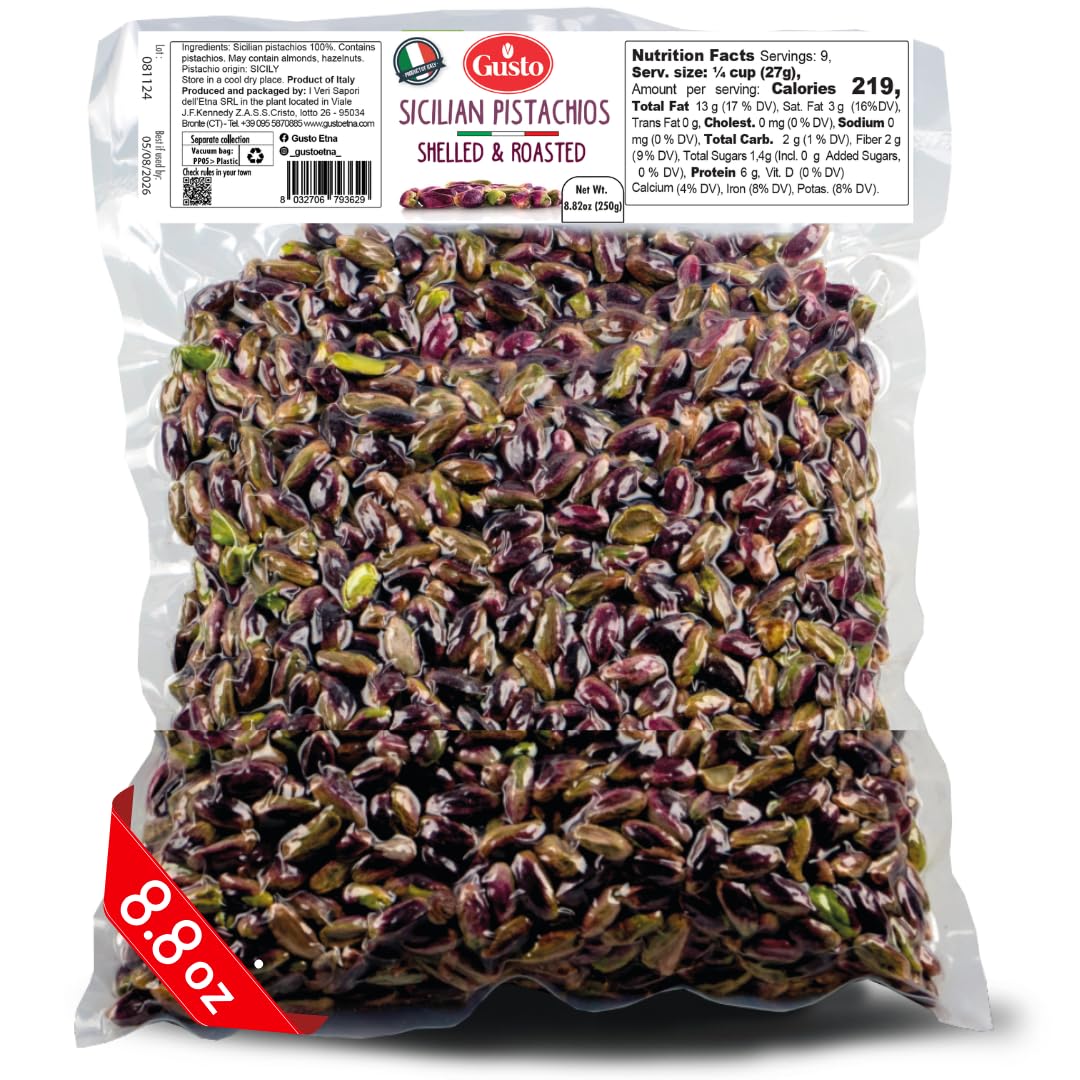 Gusto Etna Certified 100% Sicilian Pistachios from Bronte – Raw, Shelled, Unsalted, 250g / 8.8 oz
