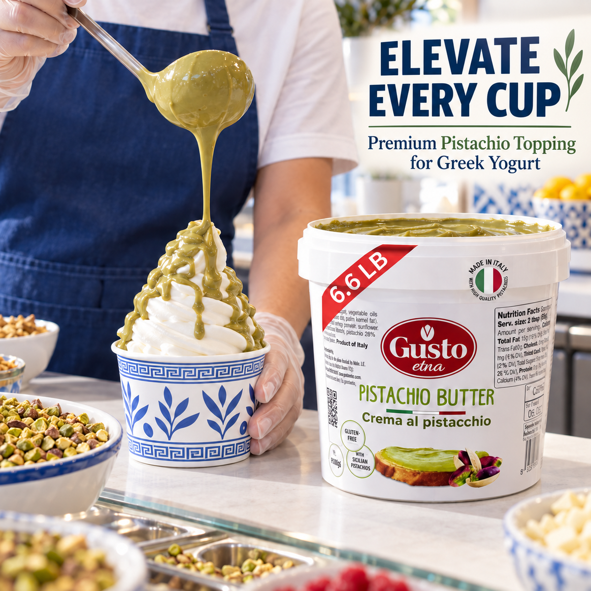 Gusto Etna Sicilian Pistachio Cream Spread – 35% Pistachio – 3kg (6.6 lb) Bulk