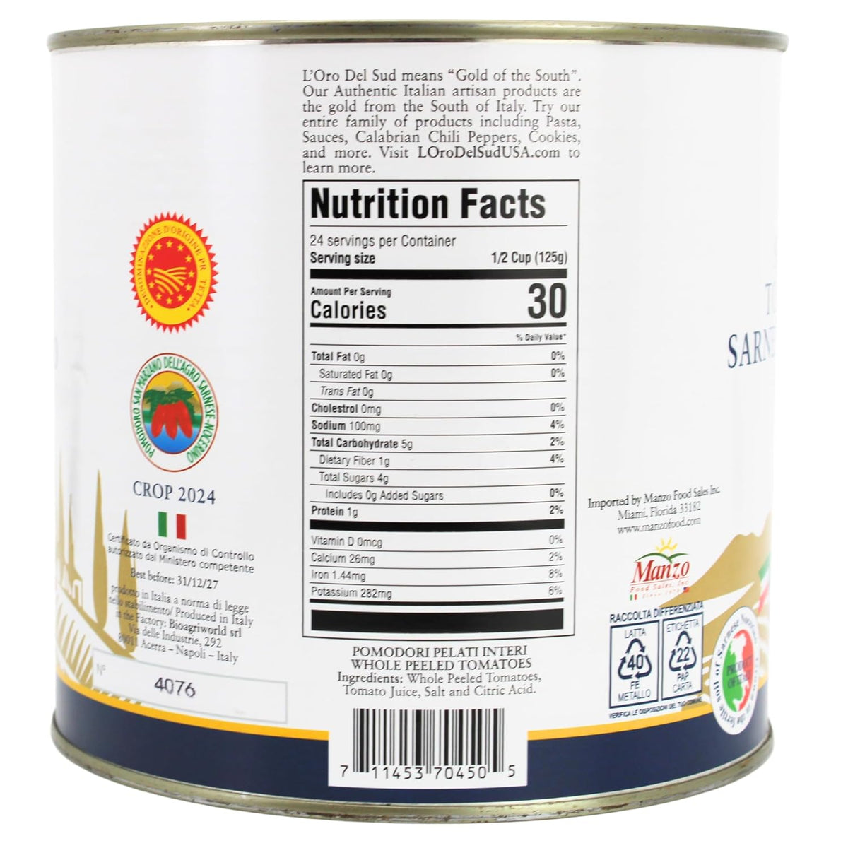 L'Oro Del Sud, D.O.P San Marzano Tomatoes of Agro Sarnese-Nocerino Area, 2550g (89.9 oz)
