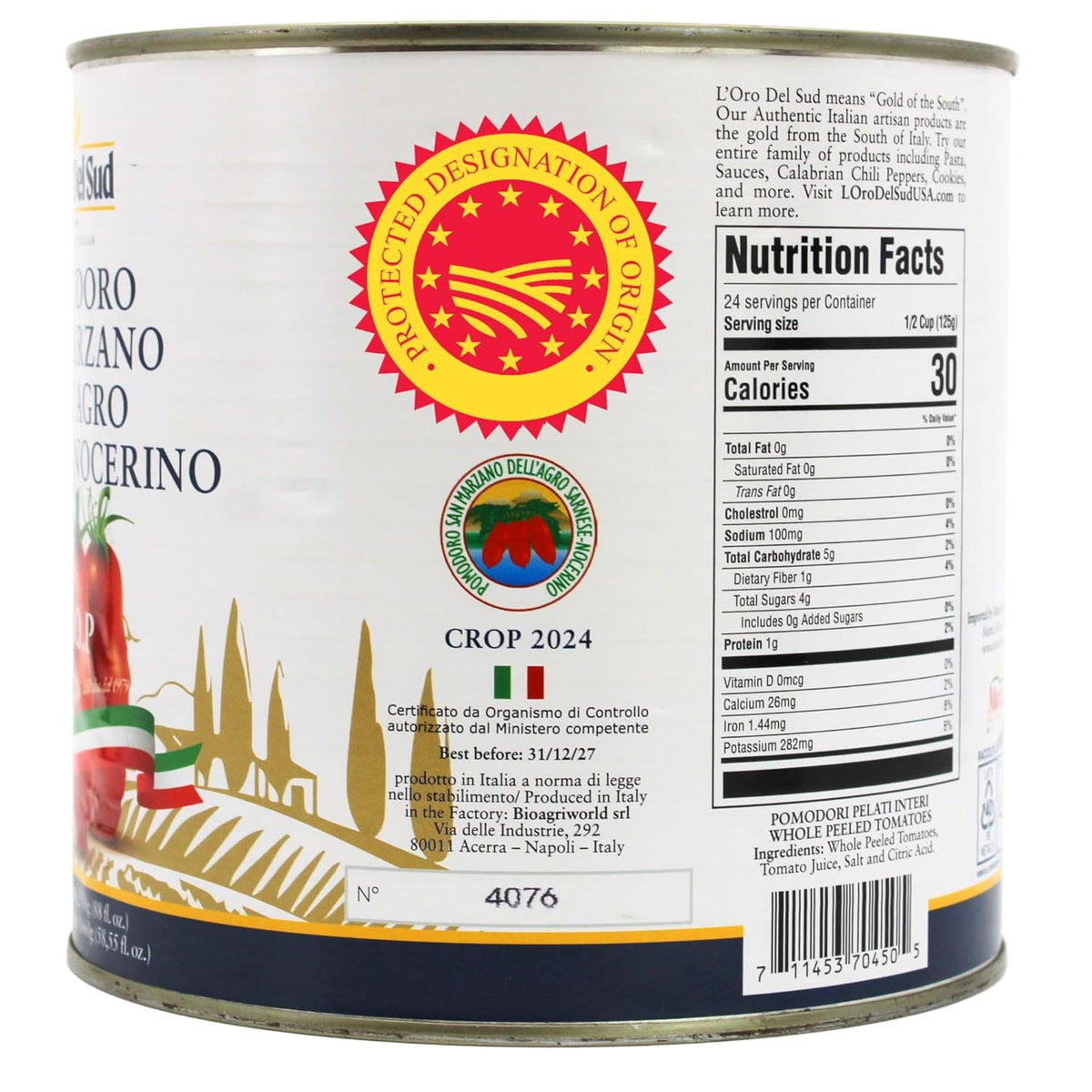 L'Oro Del Sud, D.O.P San Marzano Tomatoes of Agro Sarnese-Nocerino Area, 2550g (89.9 oz)