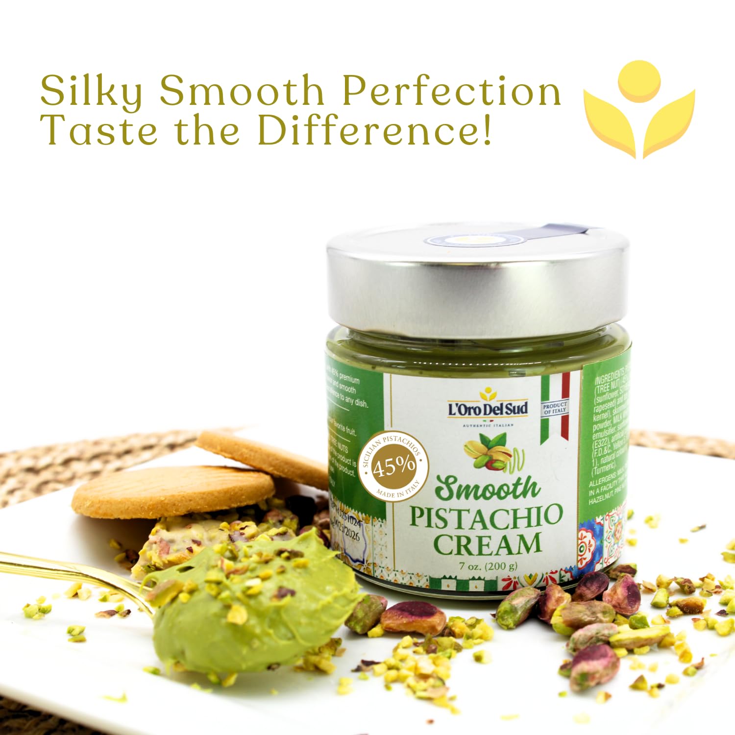 LOro Del Sud, Pistachio Cream Premium 45% Pistachios, 7oz (200g)