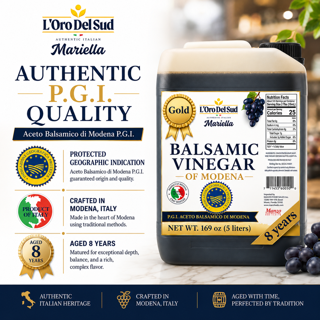L'Oro Del Sud, "Gold Label" 8 year Aged Balsamic Vinegar of Modena, IGP Certified, 5 liters (169 fl oz)