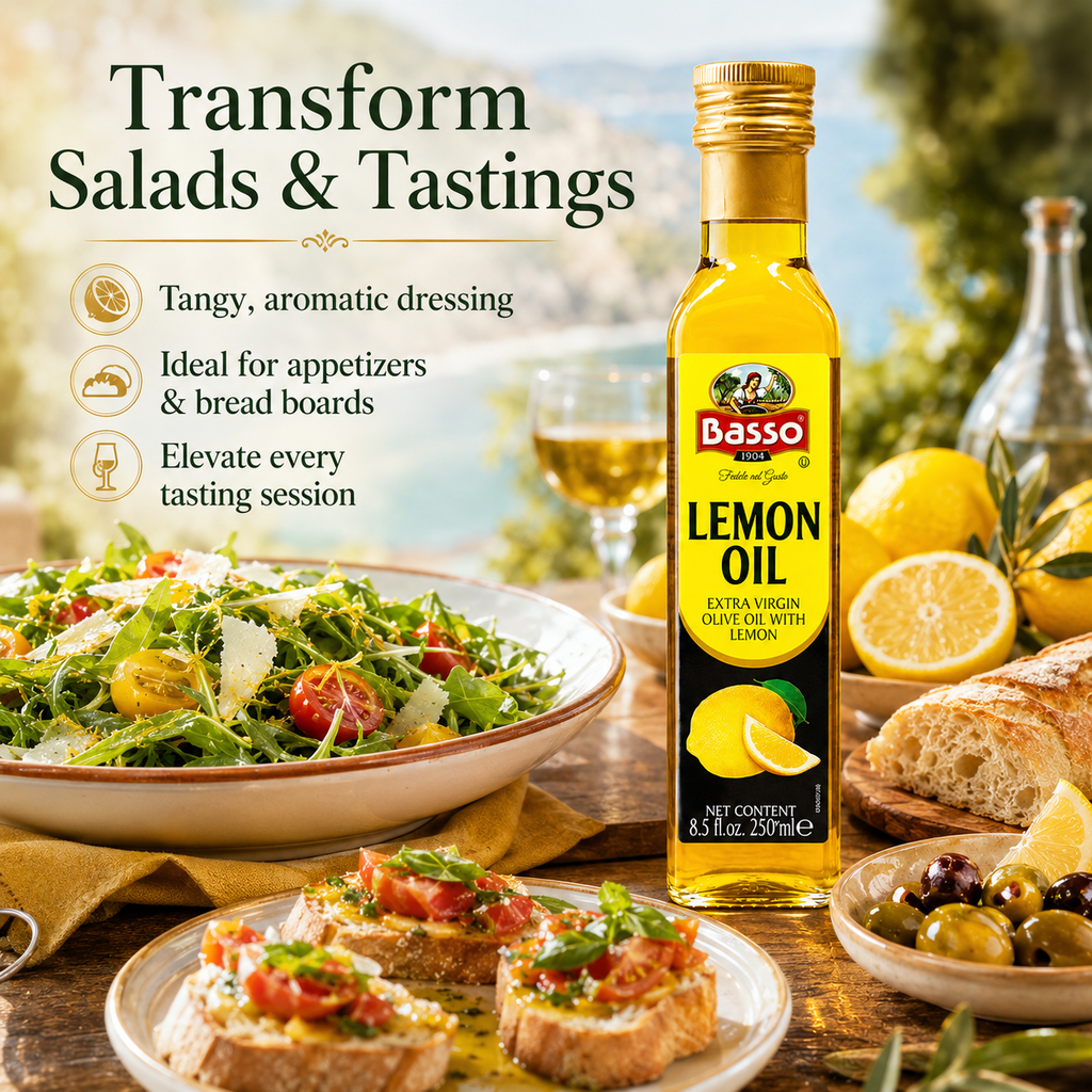 Basso 1904 Lemon Infused Extra Virgin Olive Oil – Italian Finishing Oil – 8.5 fl oz (250 ml)