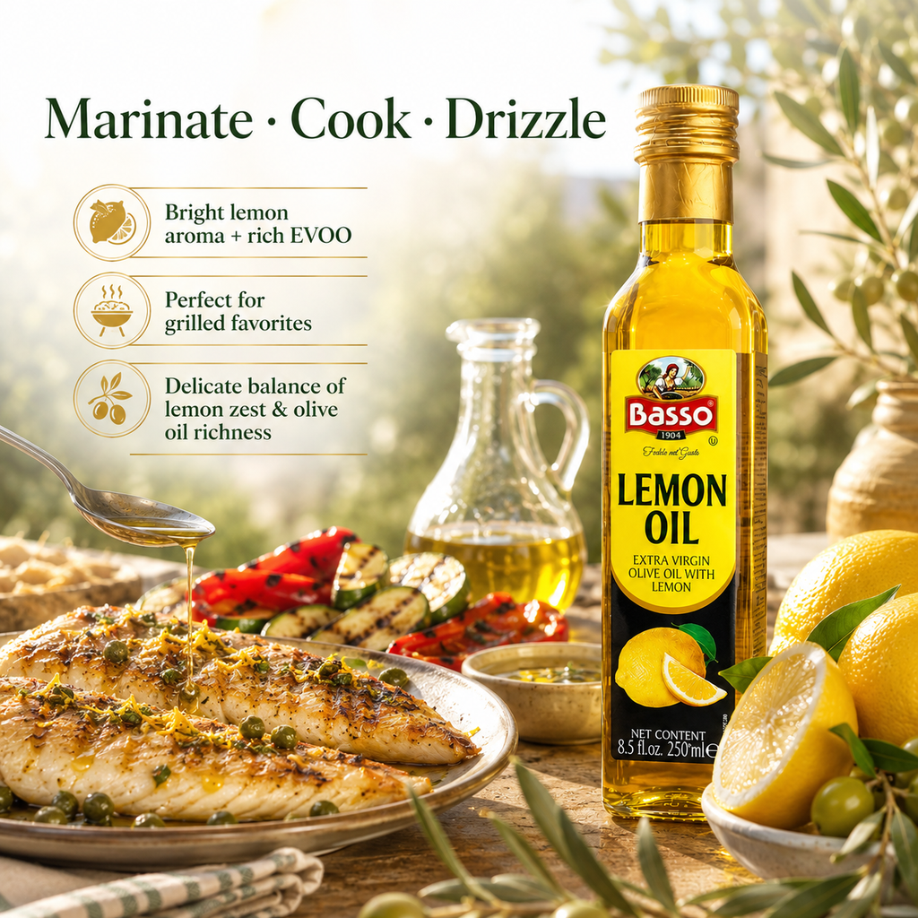 Basso 1904 Lemon Infused Extra Virgin Olive Oil – Italian Finishing Oil – 8.5 fl oz (250 ml)
