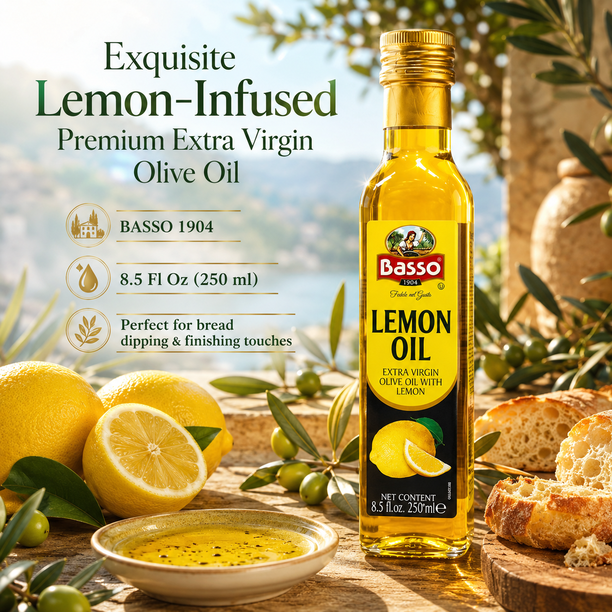 Basso 1904 Lemon Infused Extra Virgin Olive Oil – Italian Finishing Oil – 8.5 fl oz (250 ml)