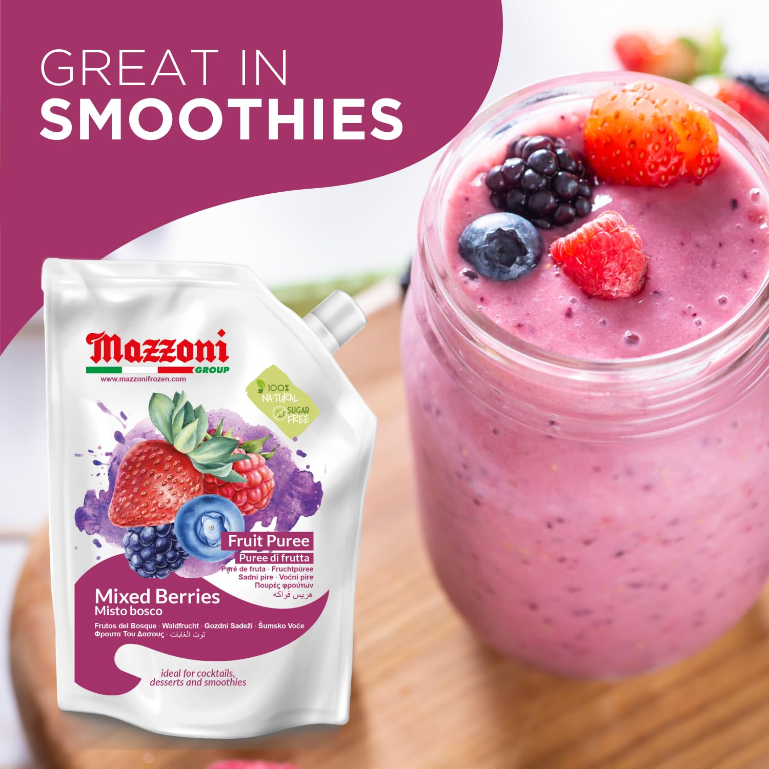 Mazzoni, Forest Berries Puree, 100% Pure Forest Berries, Just Fruit, No Sugar Added, 2.2 lb