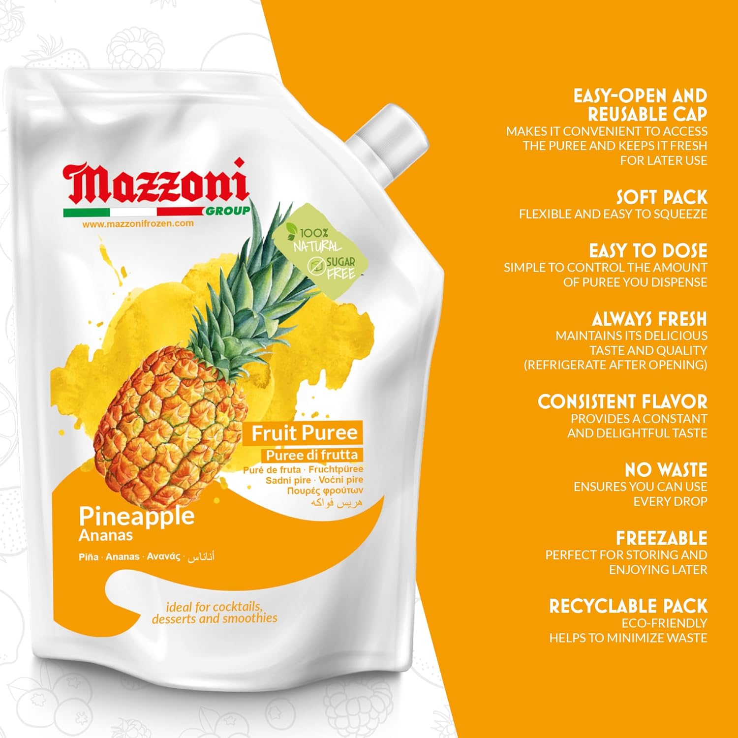 Mazzoni, Pineapple Puree, 100% Pure Pineapple Mix, No Sugar Added, 2.2 lb