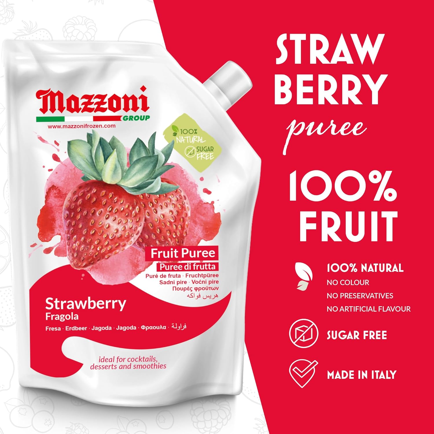 SALE! Mazzoni Strawberry Fruit Puree, 100% Fruit, No Sugar Added 1 kg (2.2 lb) best by July 2026