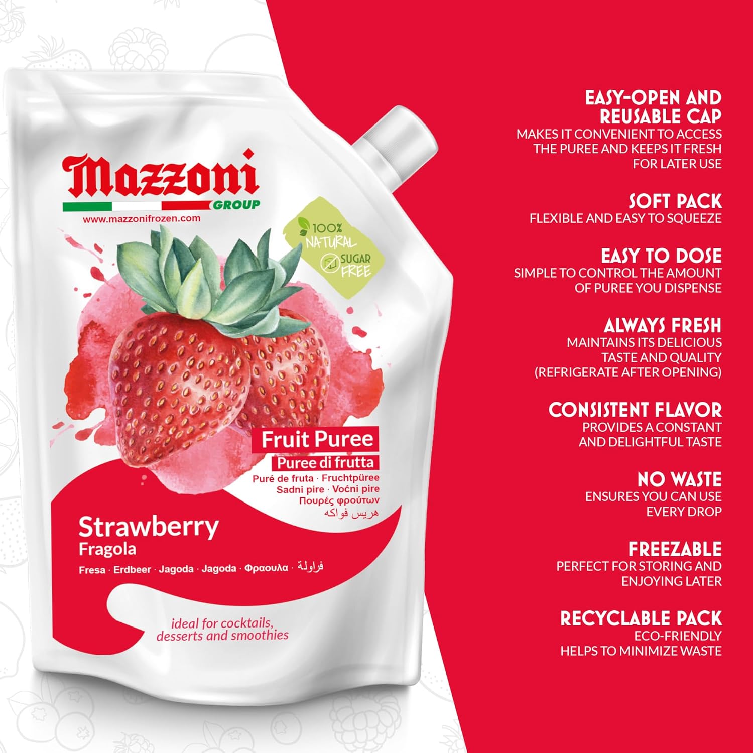 SALE! Mazzoni Strawberry Fruit Puree, 100% Fruit, No Sugar Added 1 kg (2.2 lb) best by July 2026