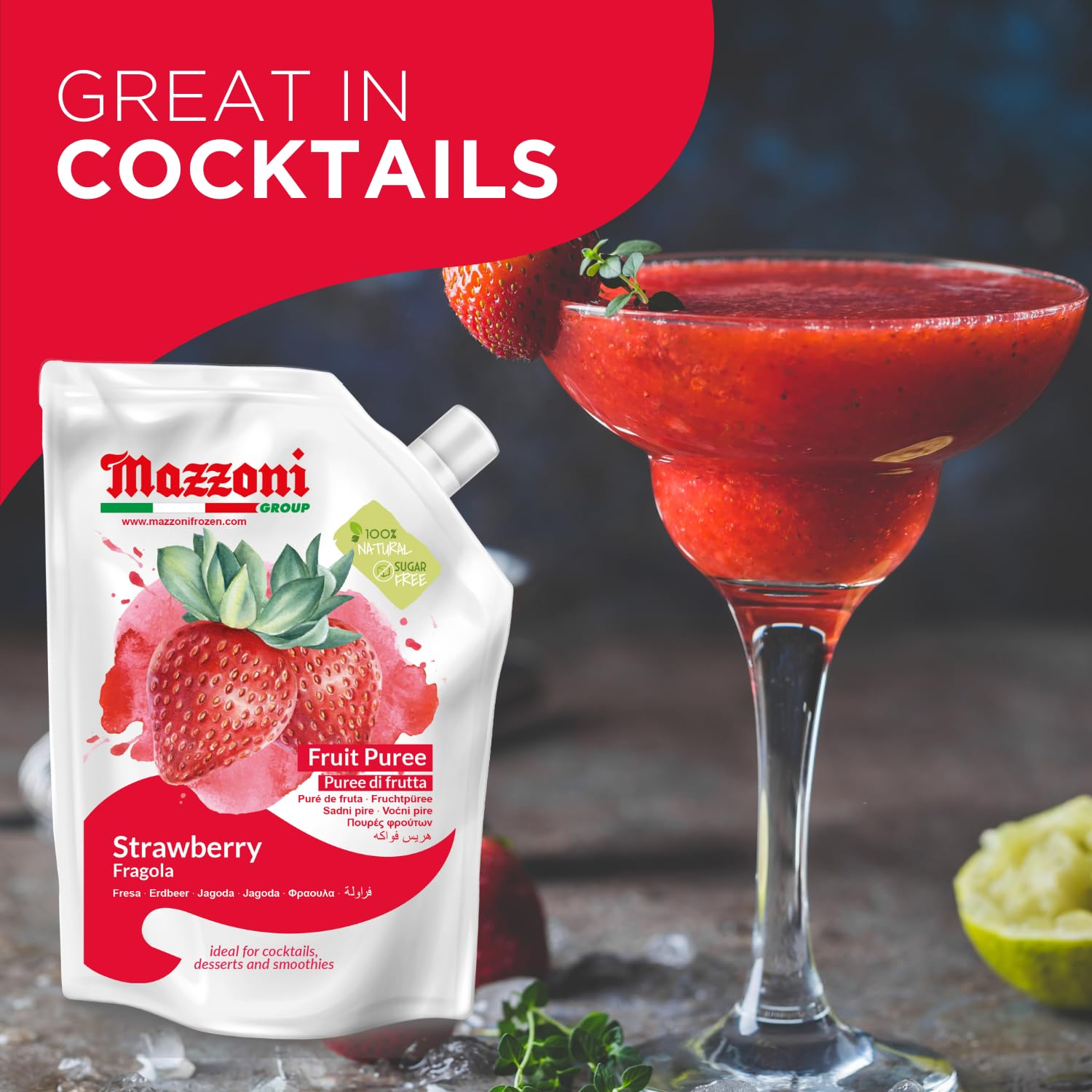 SALE! Mazzoni Strawberry Fruit Puree, 100% Fruit, No Sugar Added 1 kg (2.2 lb) best by July 2026