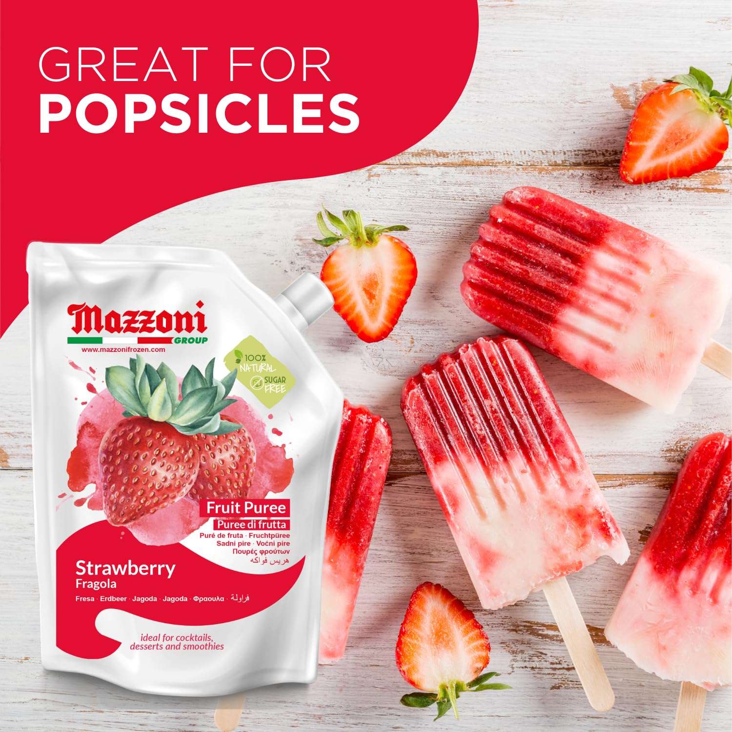 SALE! Mazzoni Strawberry Fruit Puree, 100% Fruit, No Sugar Added 1 kg (2.2 lb) best by July 2026
