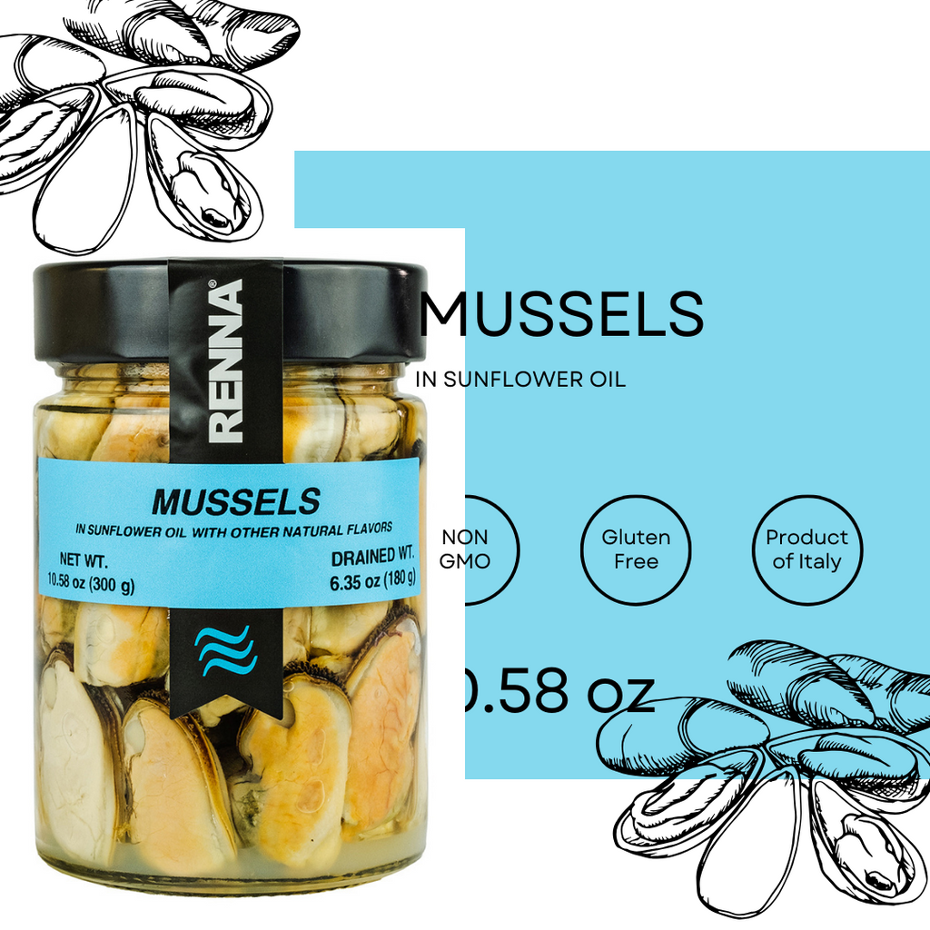 SALE! Renna, Succulent Mussels Preserved in Sunflower Oil, 10.58oz
