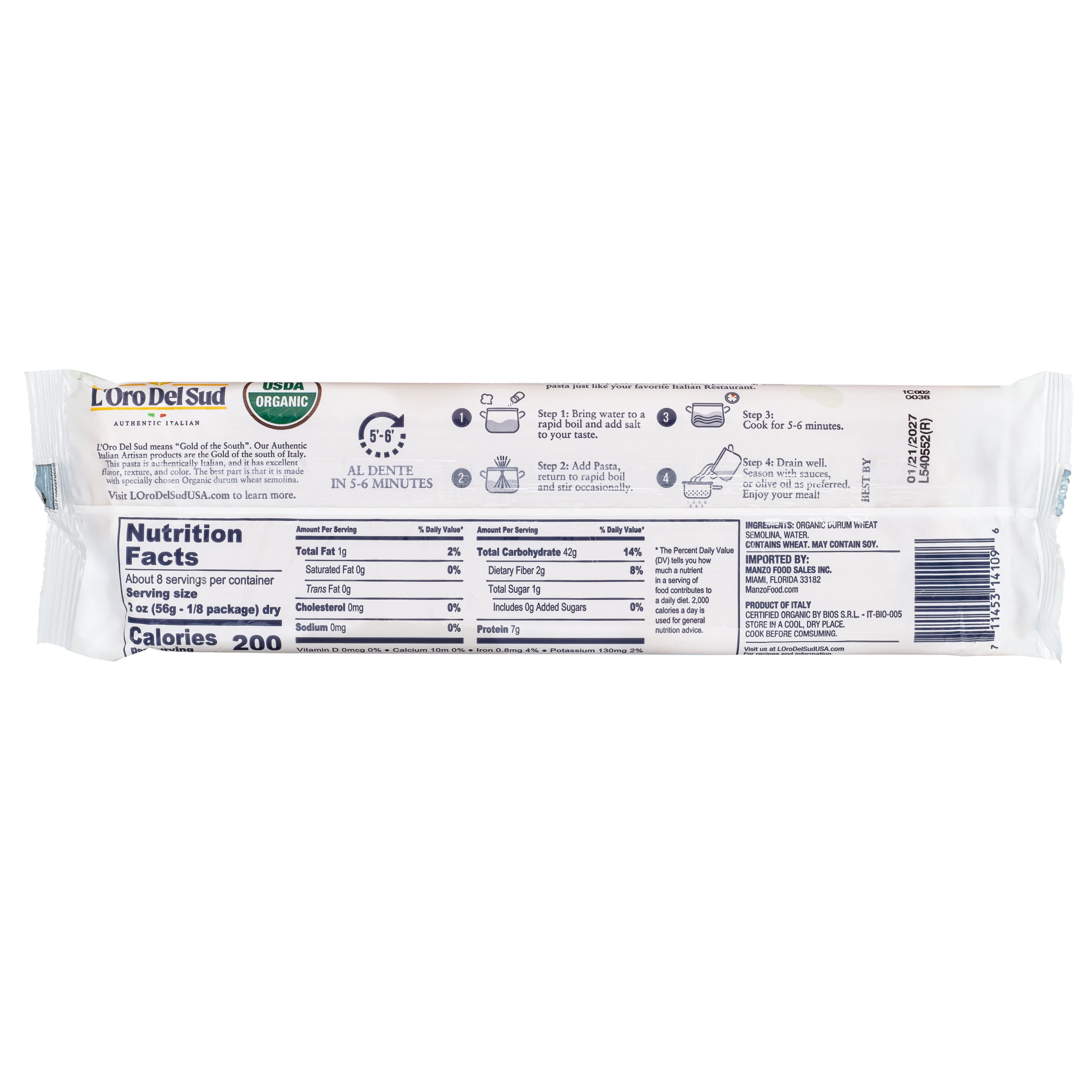 L'Oro Del Sud, Organic Spaghettini Pasta 20 Pack x 1 lb