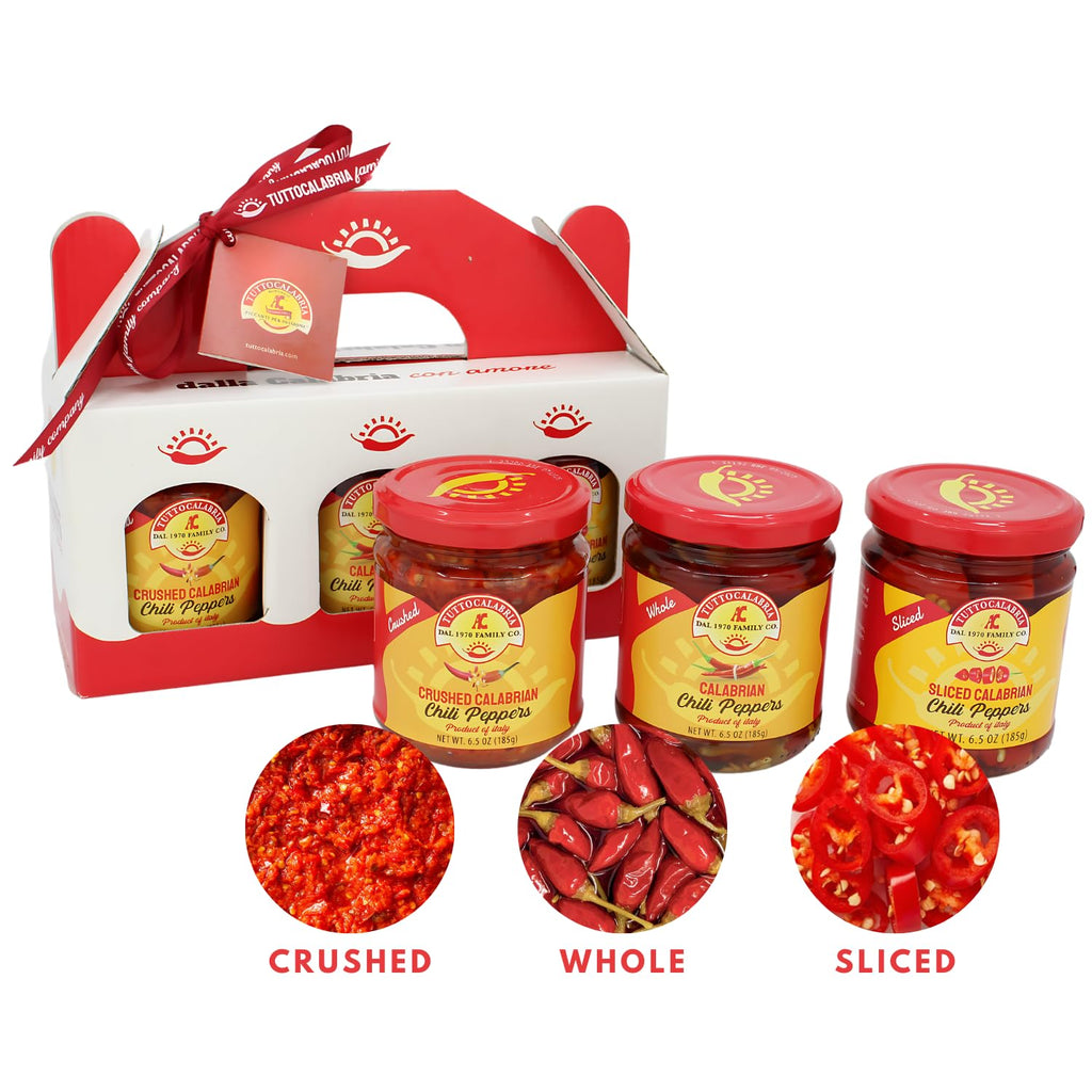 TuttoCalabria Calabrian Chili Pepper Gift Set – Hot Whole, Crushed and Sliced – 3 x 6.5 oz Jars