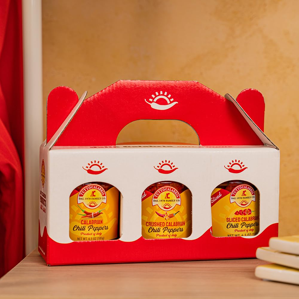 TuttoCalabria Calabrian Chili Pepper Gift Set – Hot Whole, Crushed and Sliced – 3 x 6.5 oz Jars